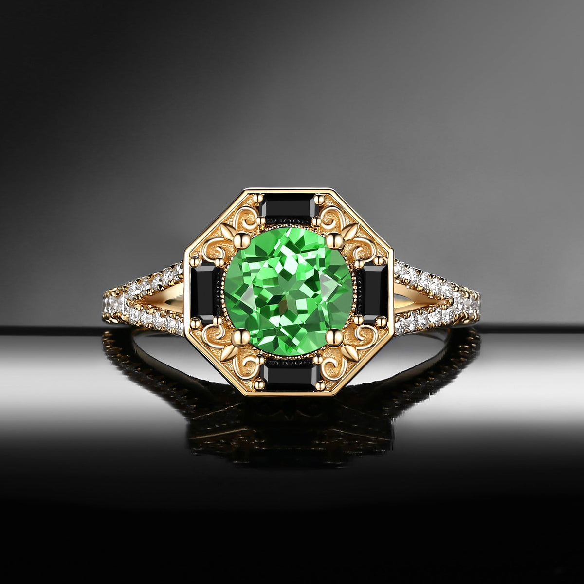 Art Deco Round Cut Lab Tsavorite 'Fallen Aegis' Filigree Hexagon Gold Split Engagement Ring