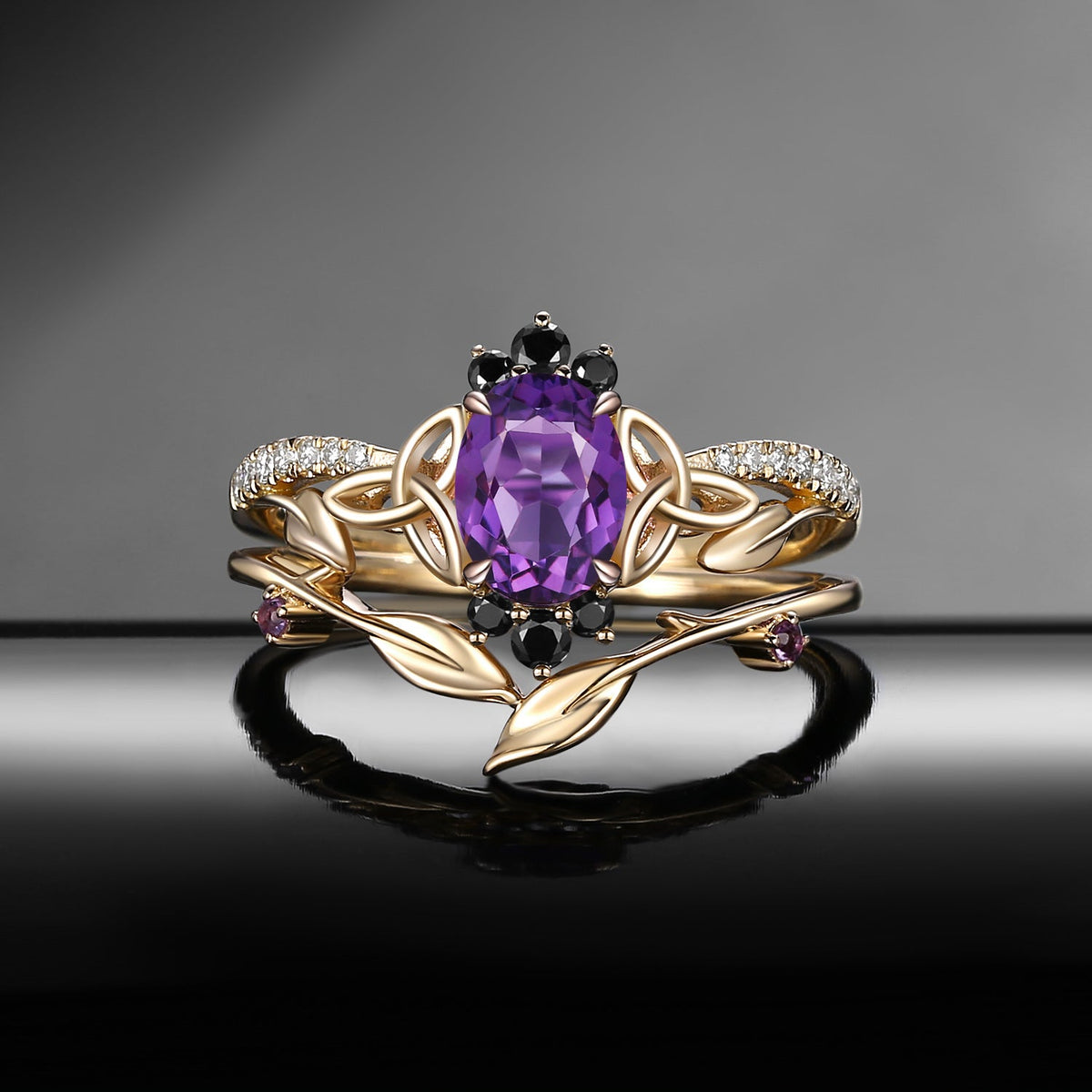Celtic Calendar | 1.21-2.17 | Oval Amethyst Nature Inspired Rowan Leafy Celtic Ring Set 2pcs