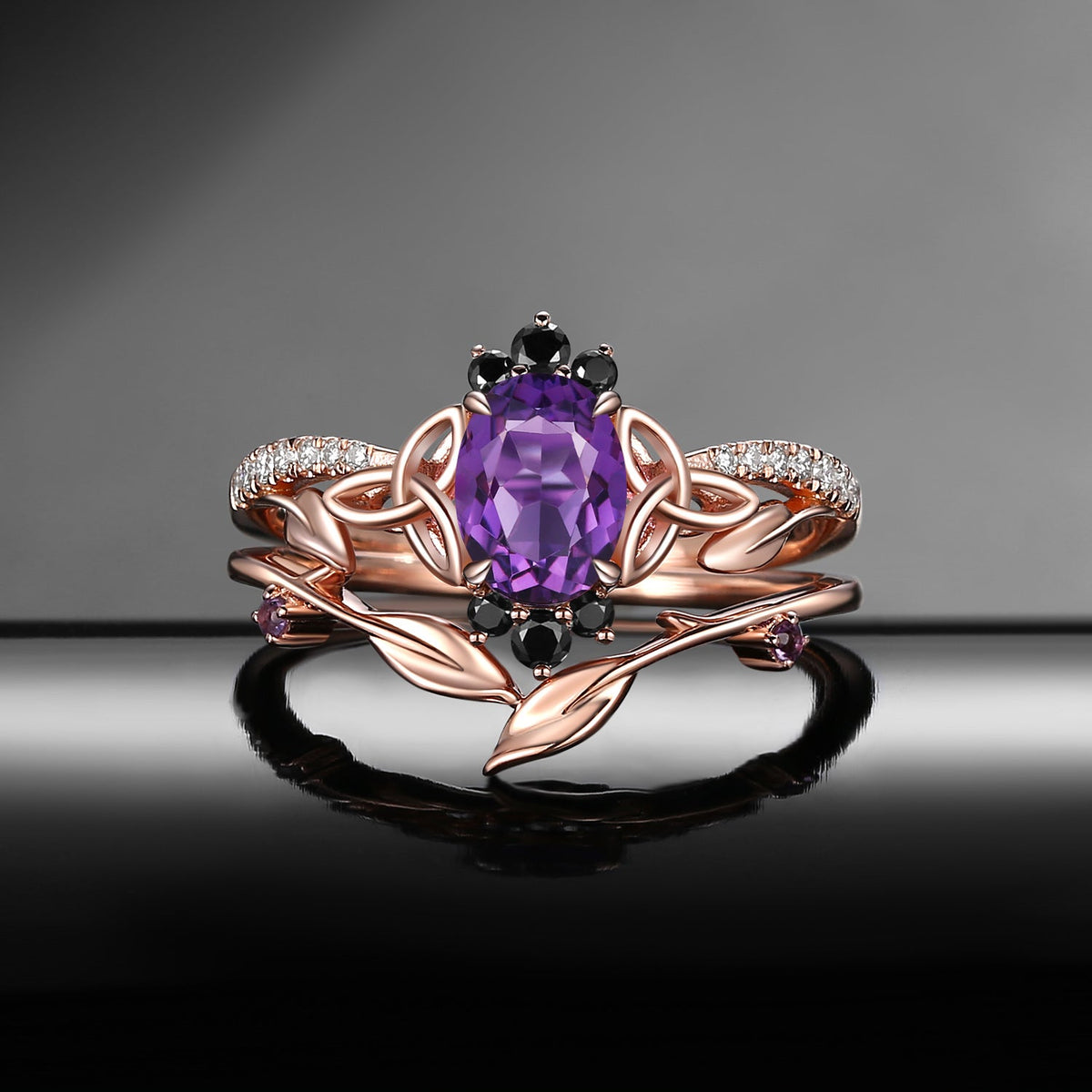 Celtic Calendar | 1.21-2.17 | Oval Amethyst Nature Inspired Rowan Leafy Celtic Ring Set 2pcs