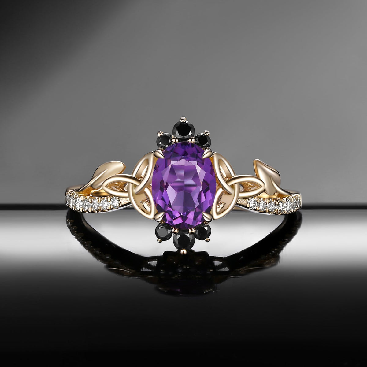 Celtic Calendar | 1.21-2.17 | Oval Amethyst Nature Inspired Rowan Leafy Celtic Engagement Ring