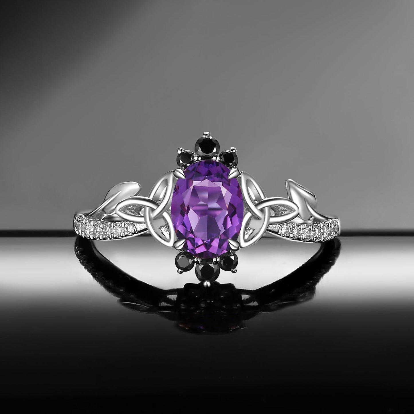 Celtic Calendar | 1.21-2.17 | Oval Amethyst Nature Inspired Rowan Leafy Celtic Engagement Ring