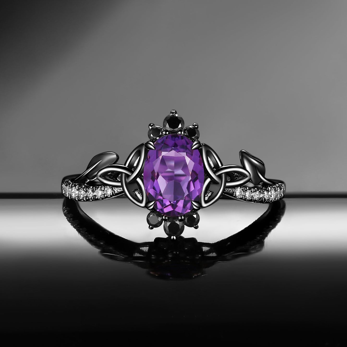 Celtic Calendar | 1.21-2.17 | Oval Amethyst Nature Inspired Rowan Leafy Celtic Engagement Ring