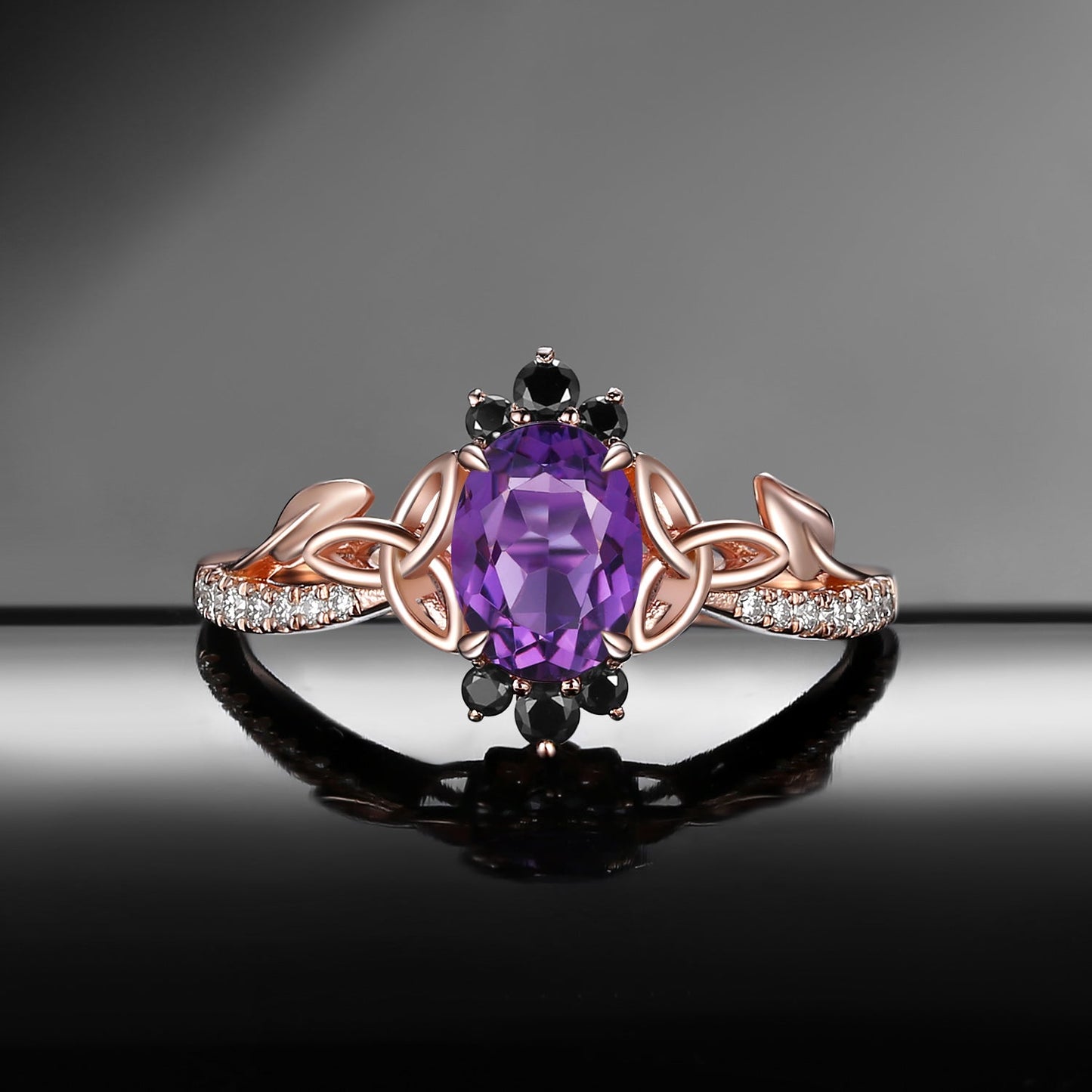Celtic Calendar | 1.21-2.17 | Oval Amethyst Nature Inspired Rowan Leafy Celtic Engagement Ring