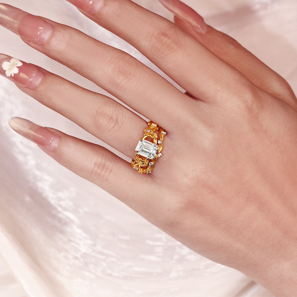 Unique Vintage 1.91ct Emerald Cut Moissanite Leaf Bridal Ring Set