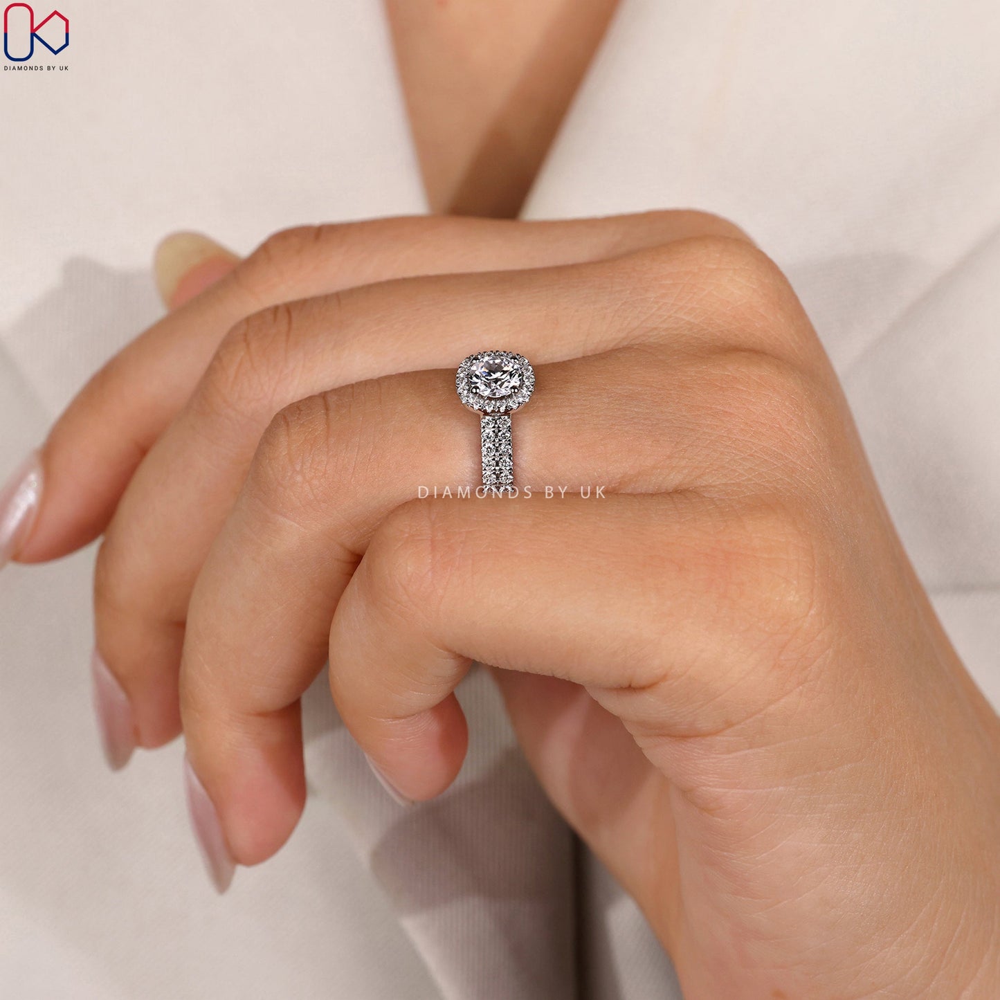 Round Diamond Double Row Pave Engagement Ring