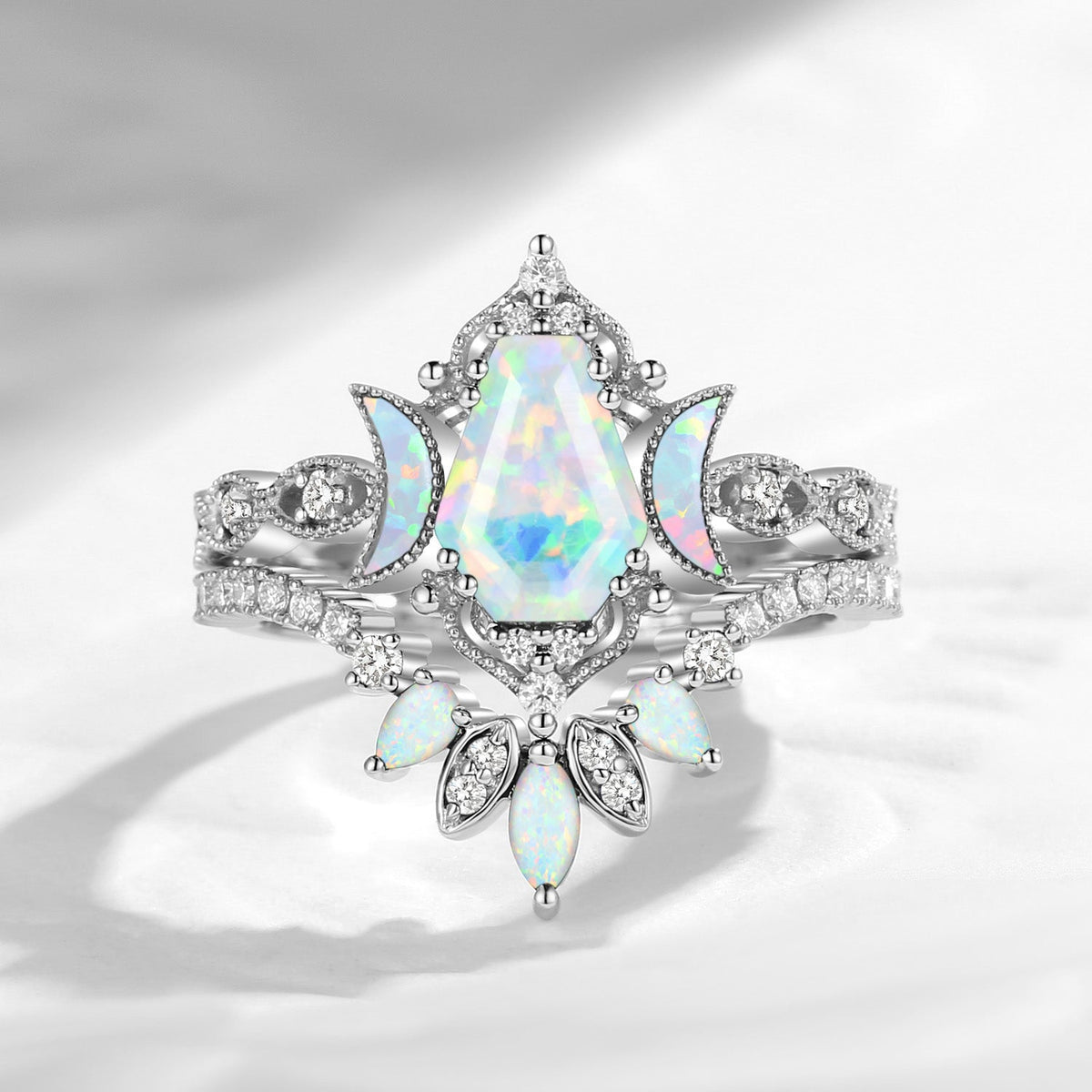 Crescent Moon | Coffin Cut Lab Opal 'Ultra Galaxy' Engagement Ring Set 2pcs