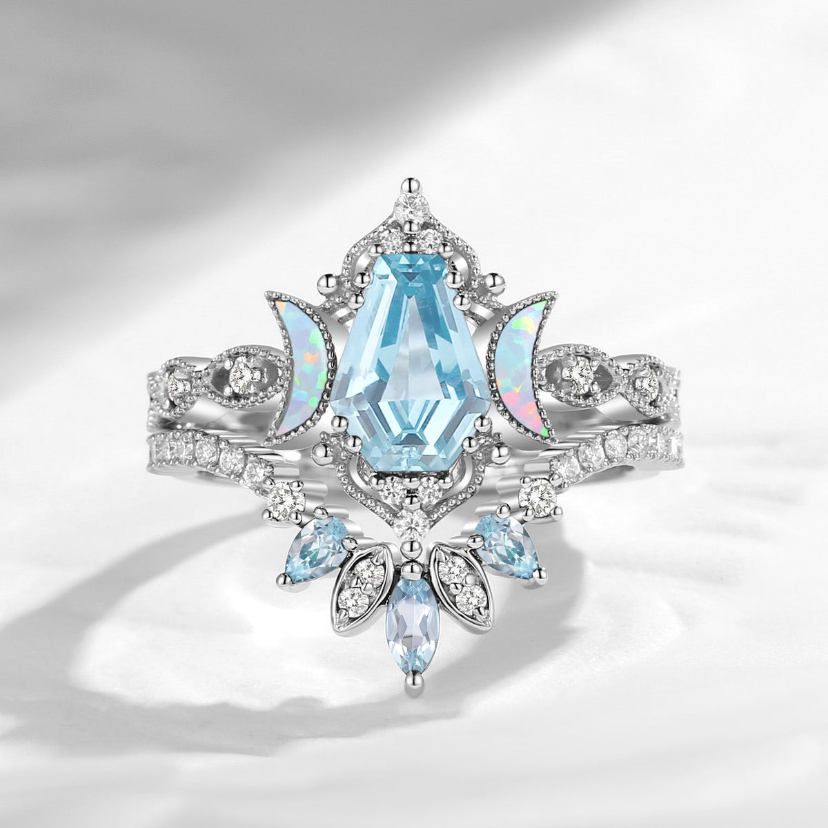 Crescent Moon | Coffin Cut Natural Aquamarine 'Ultra Galaxy' Engagement Ring Set 2pcs