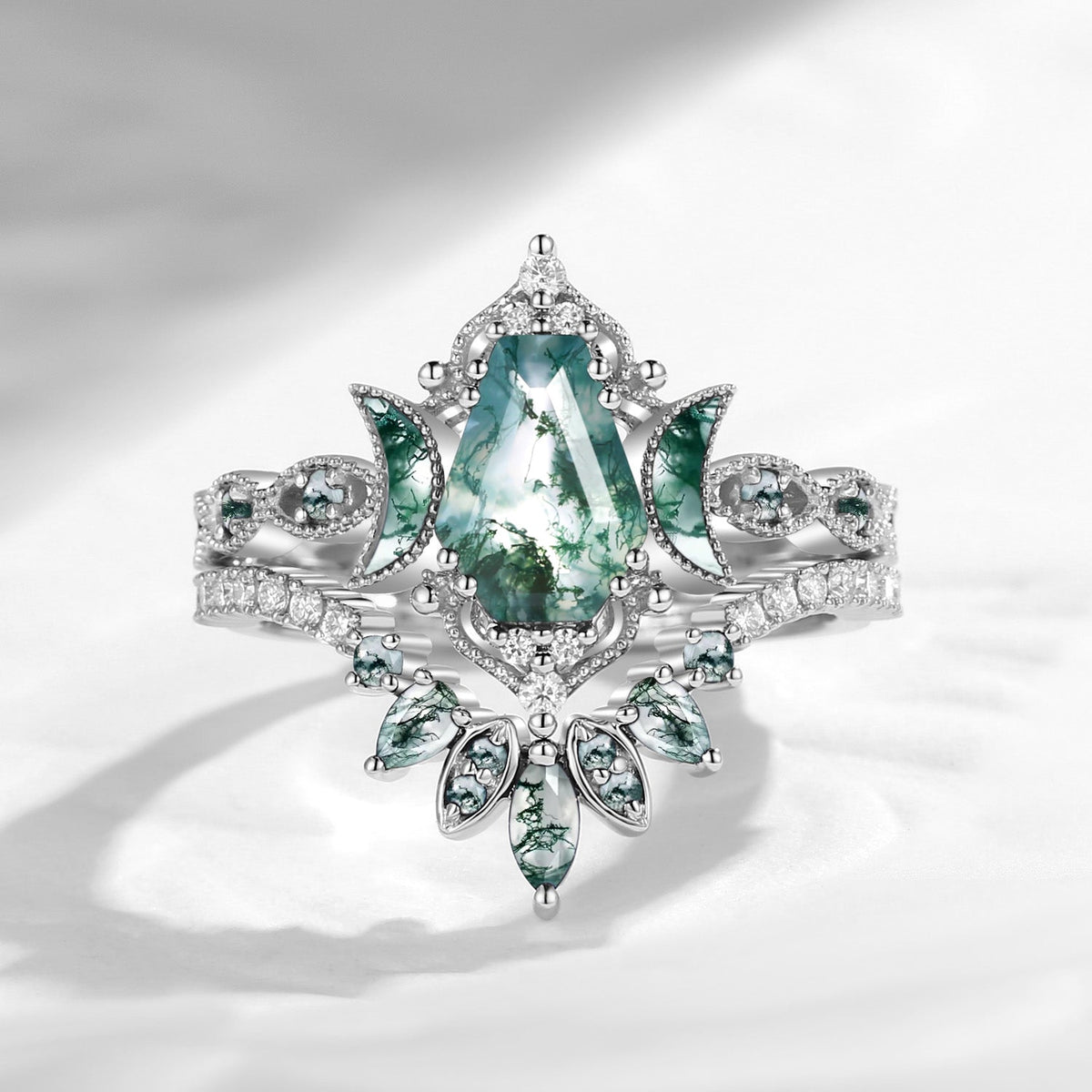 Crescent Moon | Coffin Cut Moss Agate 'Ultra Galaxy' Engagement Ring Set 2pcs