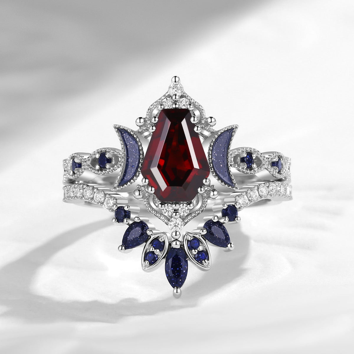 Crescent Moon | Coffin Cut Garnet Black Gold Engagement Ring Set 2pcs- 'Ultra Galaxy'