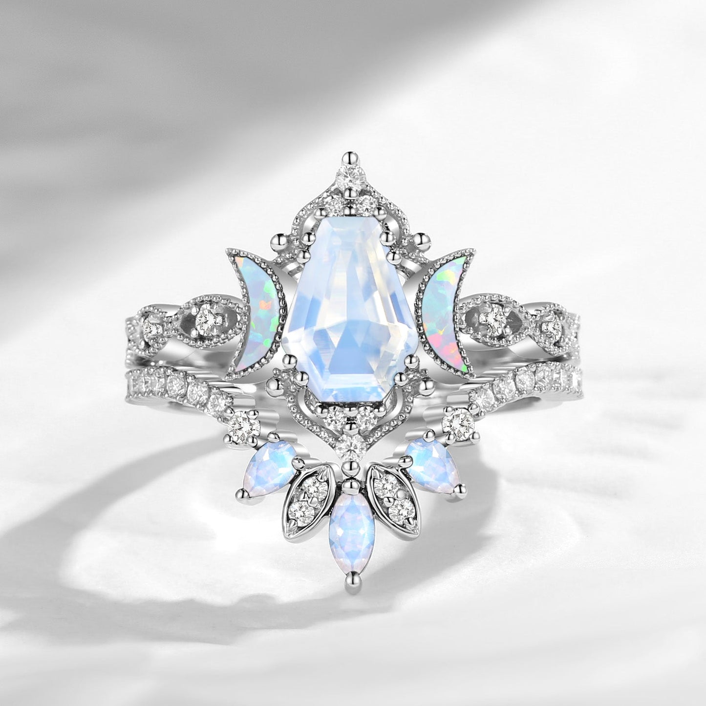 Crescent Moon | Coffin Cut Moonstone 'Ultra Galaxy' Engagement Ring Set 2pcs