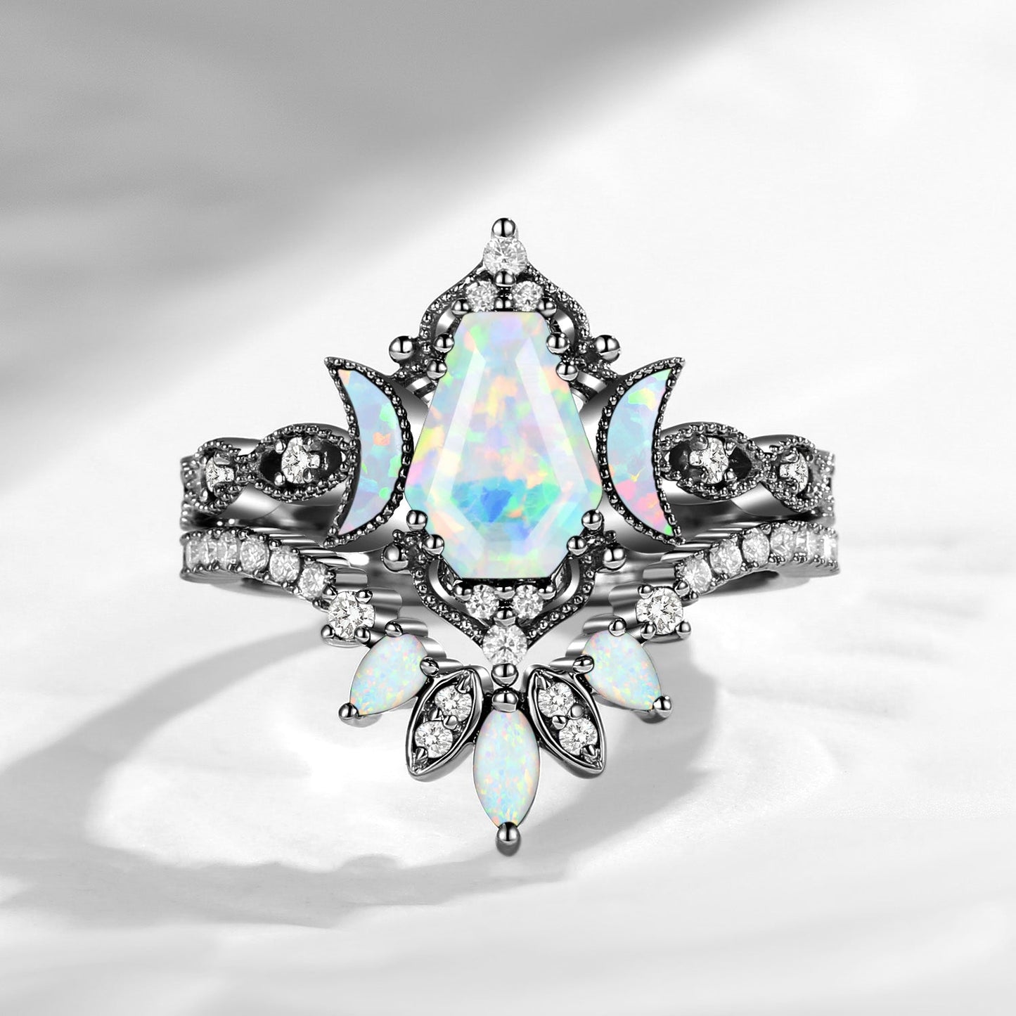 Crescent Moon | Coffin Cut Lab Opal 'Ultra Galaxy' Engagement Ring Set 2pcs