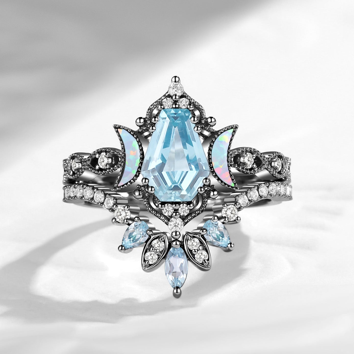 Crescent Moon | Coffin Cut Natural Aquamarine 'Ultra Galaxy' Engagement Ring Set 2pcs