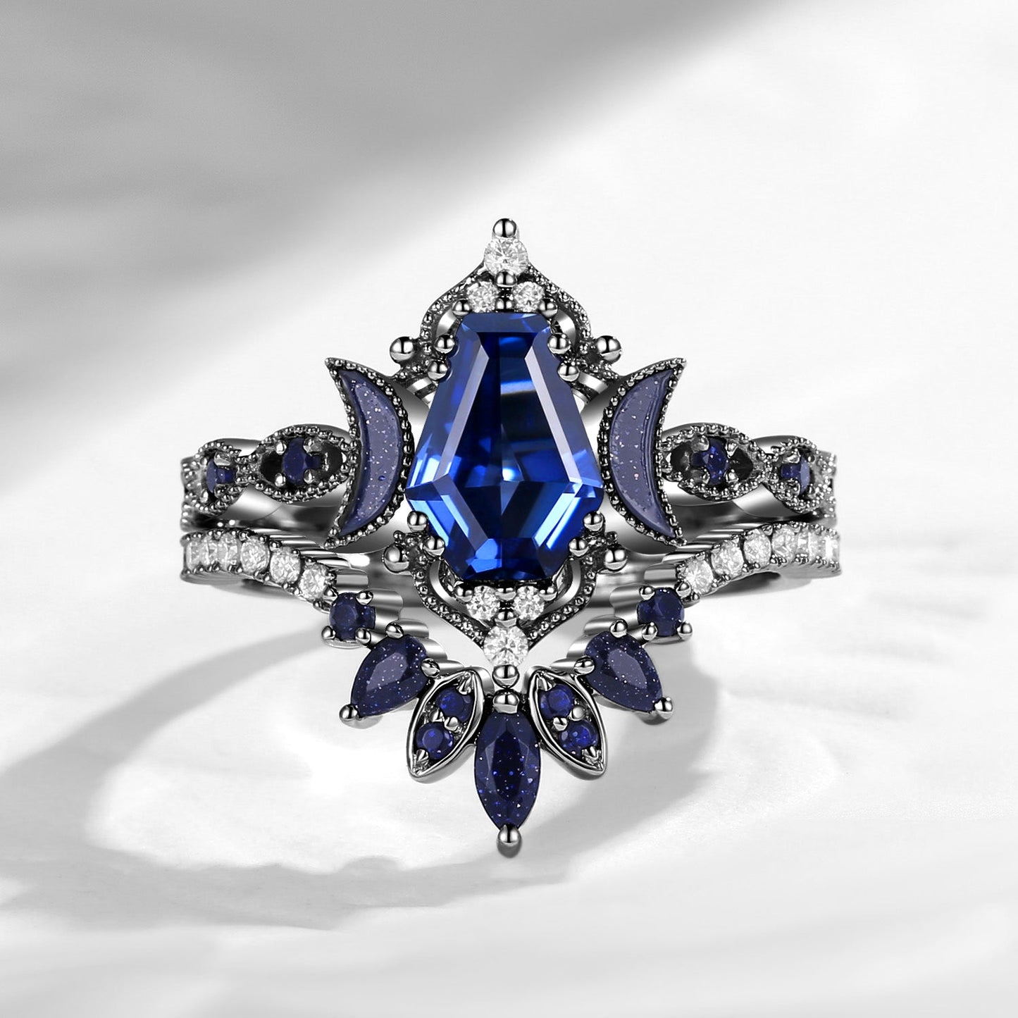 Crescent Moon | Coffin Cut Lab Sapphire Engagement Ring Set 2pcs- 'Ultra Galaxy'