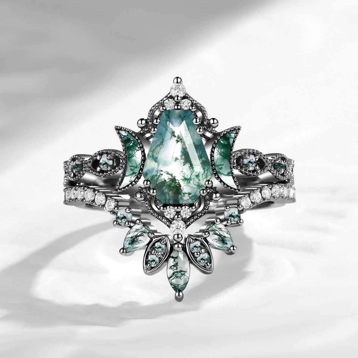 Crescent Moon | Coffin Cut Moss Agate 'Ultra Galaxy' Engagement Ring Set 2pcs