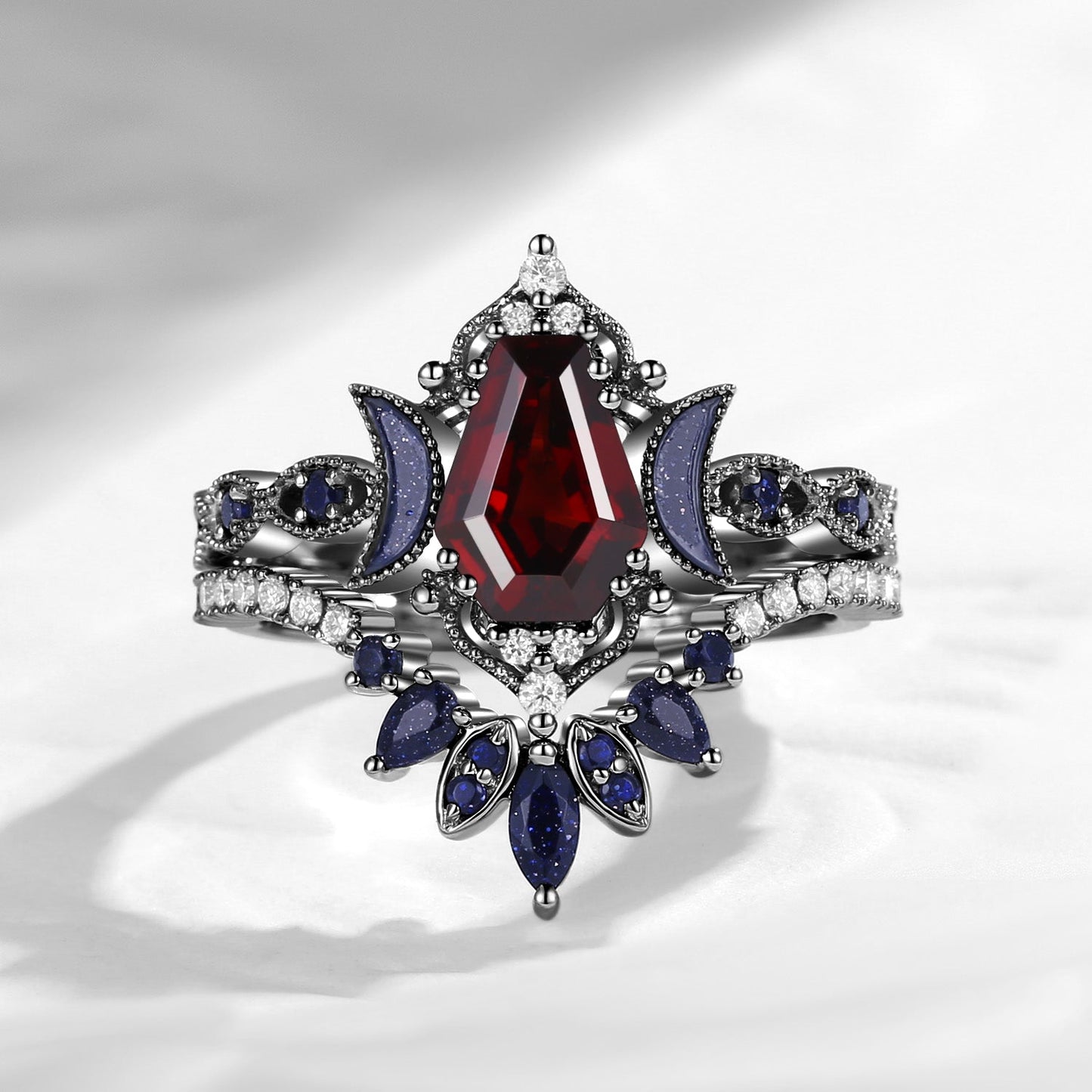 Crescent Moon | Coffin Cut Garnet Black Gold Engagement Ring Set 2pcs- 'Ultra Galaxy'