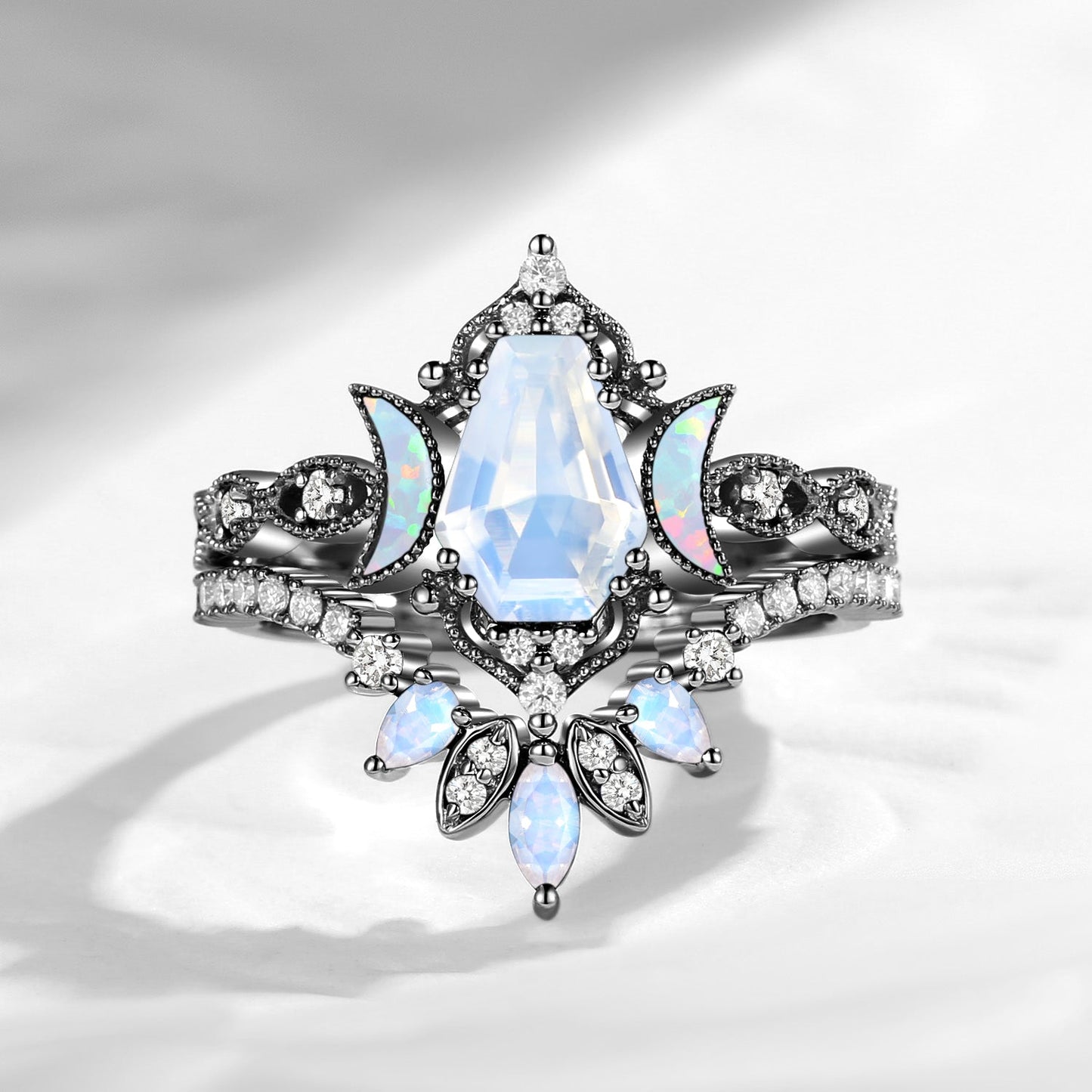 Crescent Moon | Coffin Cut Moonstone 'Ultra Galaxy' Engagement Ring Set 2pcs