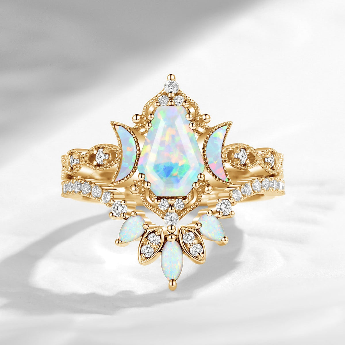 Crescent Moon | Coffin Cut Lab Opal 'Ultra Galaxy' Engagement Ring Set 2pcs