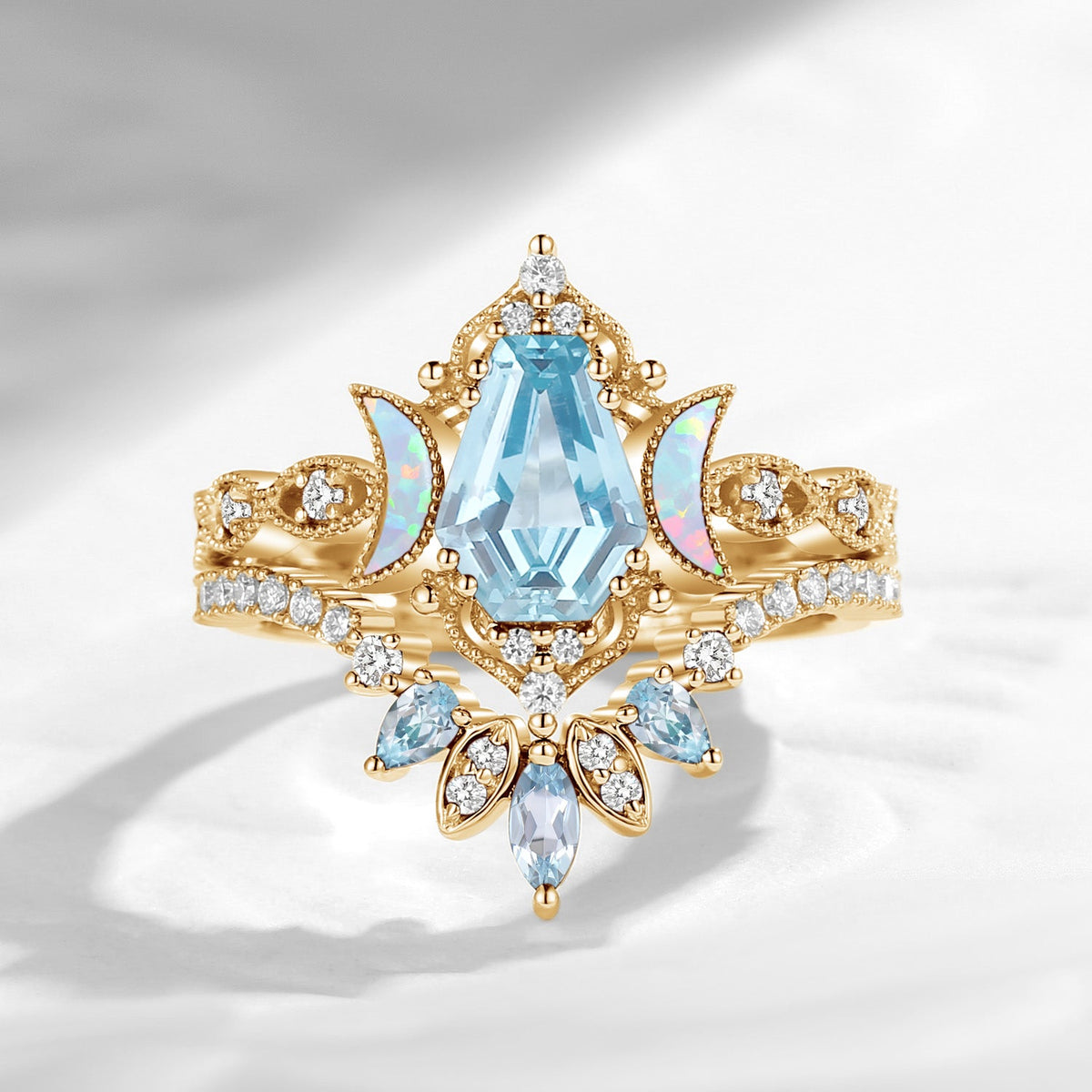 Crescent Moon | Coffin Cut Natural Aquamarine 'Ultra Galaxy' Engagement Ring Set 2pcs