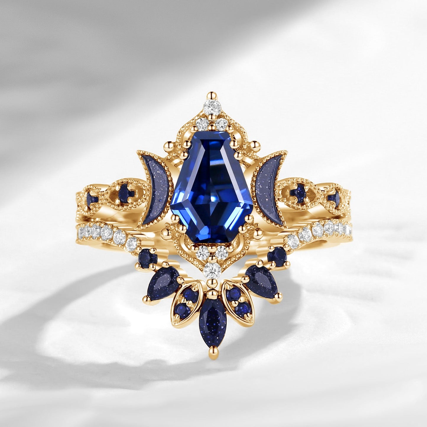 Crescent Moon | Coffin Cut Lab Sapphire Engagement Ring Set 2pcs- 'Ultra Galaxy'