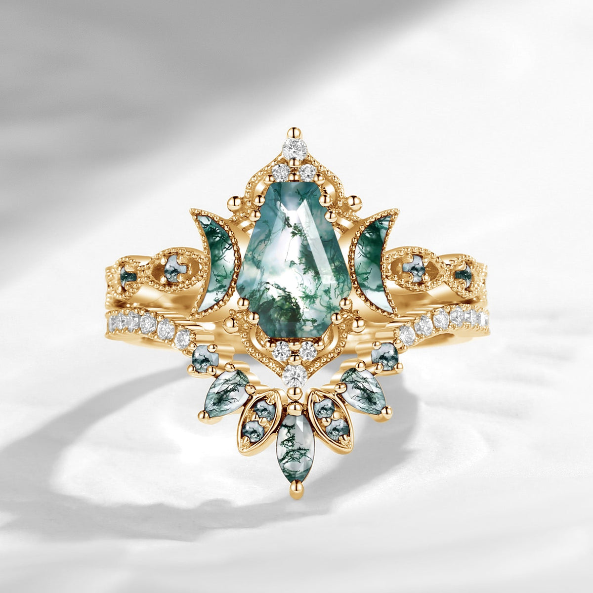 Crescent Moon | Coffin Cut Moss Agate 'Ultra Galaxy' Engagement Ring Set 2pcs