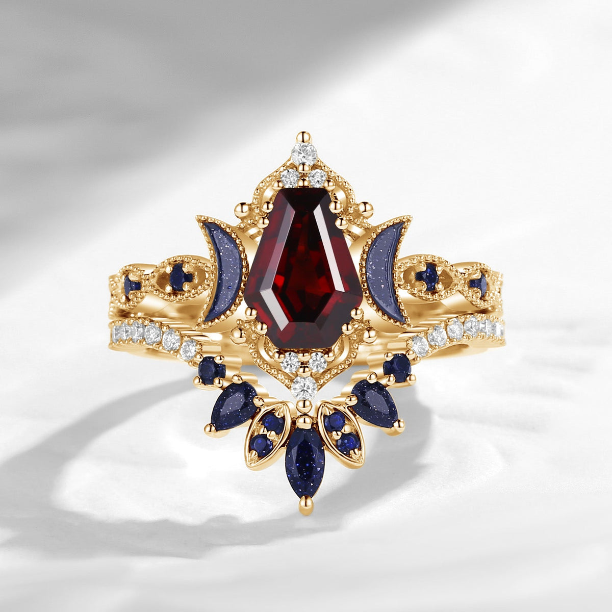 Crescent Moon | Coffin Cut Garnet Black Gold Engagement Ring Set 2pcs- 'Ultra Galaxy'