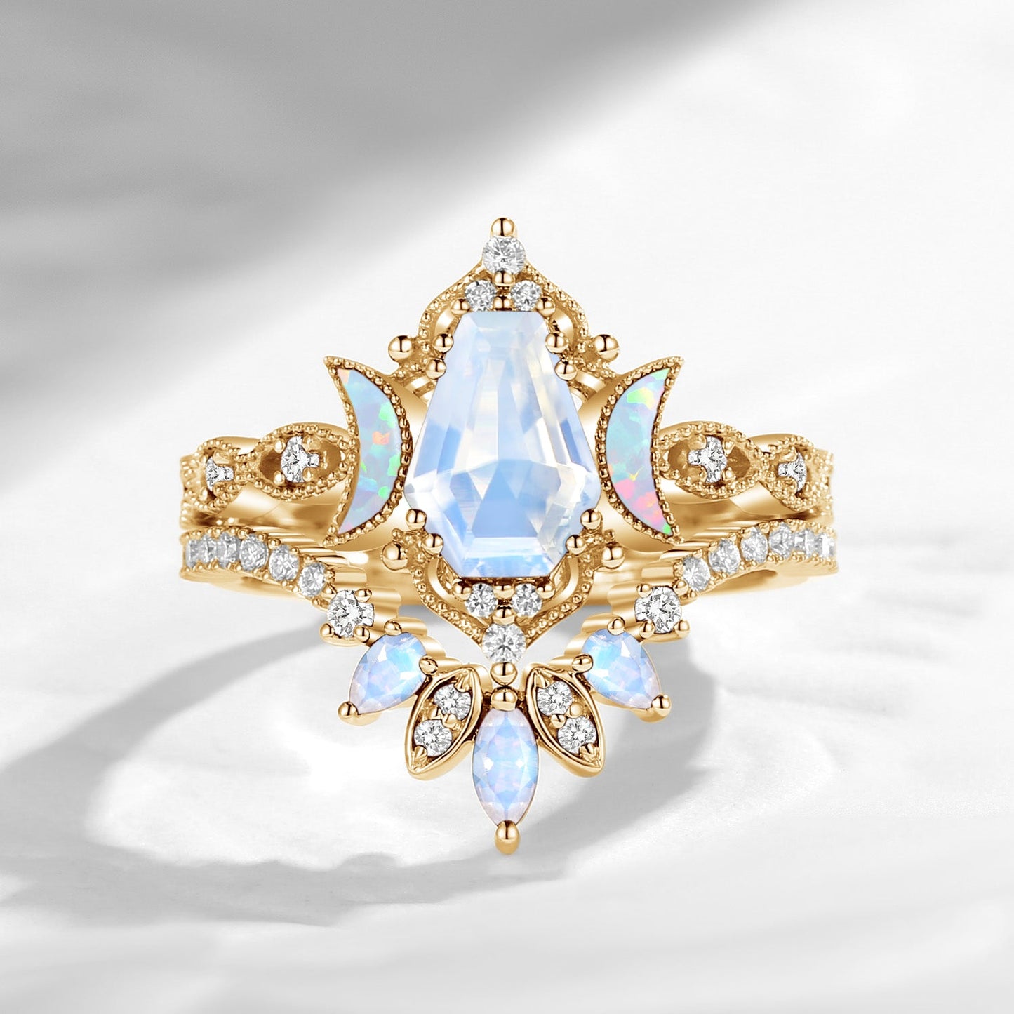 Crescent Moon | Coffin Cut Moonstone 'Ultra Galaxy' Engagement Ring Set 2pcs