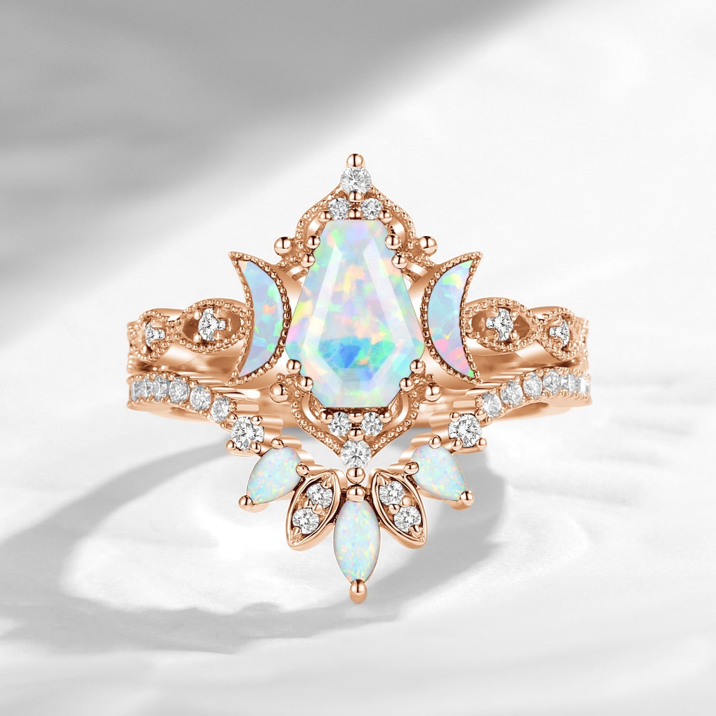 Crescent Moon | Coffin Cut Lab Opal 'Ultra Galaxy' Engagement Ring Set 2pcs