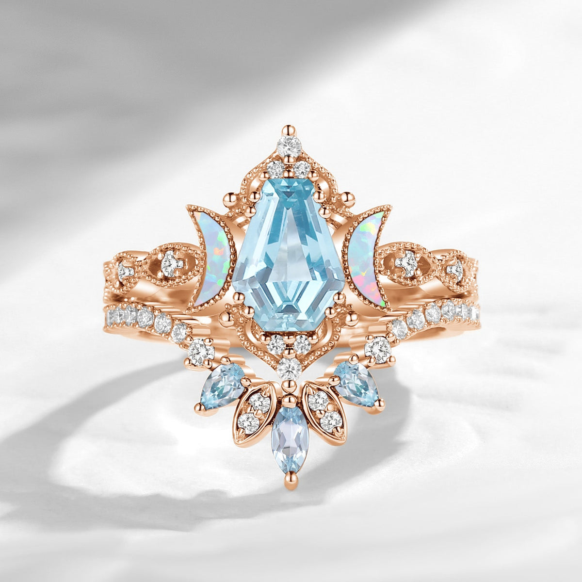 Crescent Moon | Coffin Cut Natural Aquamarine 'Ultra Galaxy' Engagement Ring Set 2pcs