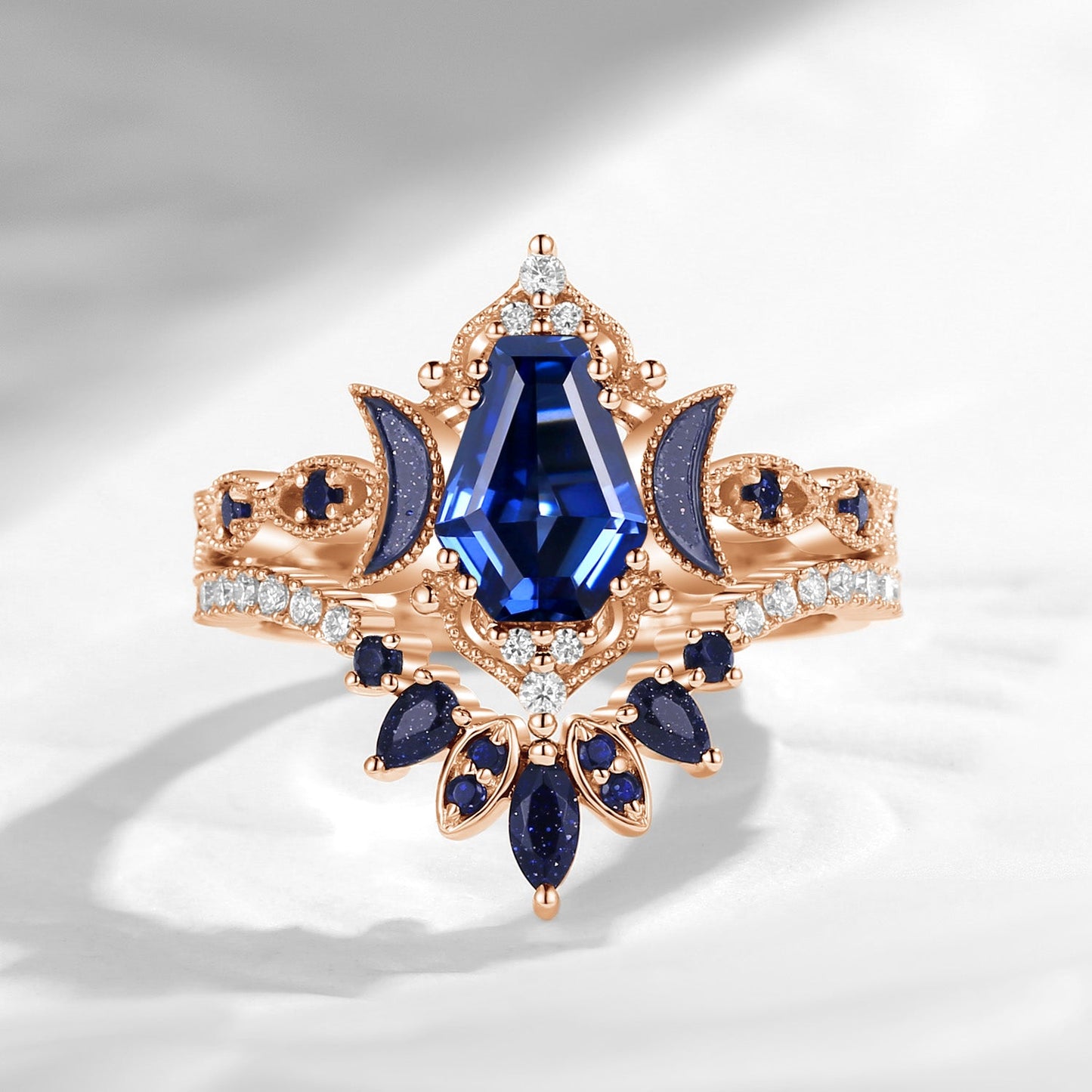 Crescent Moon | Coffin Cut Lab Sapphire Engagement Ring Set 2pcs- 'Ultra Galaxy'