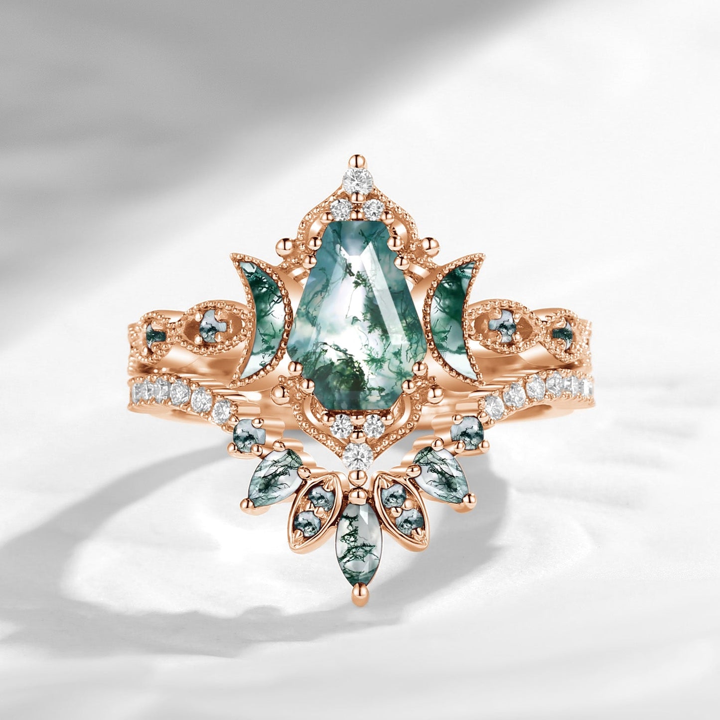 Crescent Moon | Coffin Cut Moss Agate 'Ultra Galaxy' Engagement Ring Set 2pcs