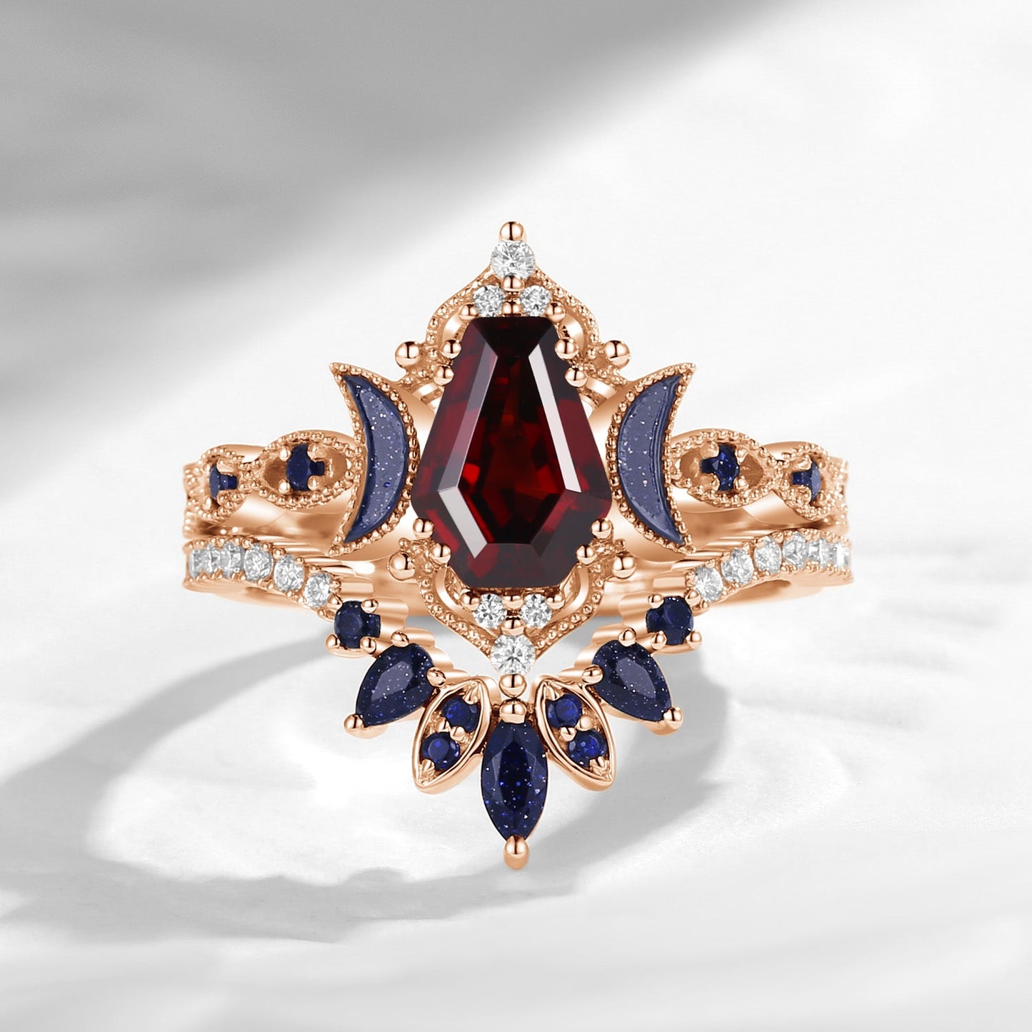 Crescent Moon | Coffin Cut Garnet Black Gold Engagement Ring Set 2pcs- 'Ultra Galaxy'