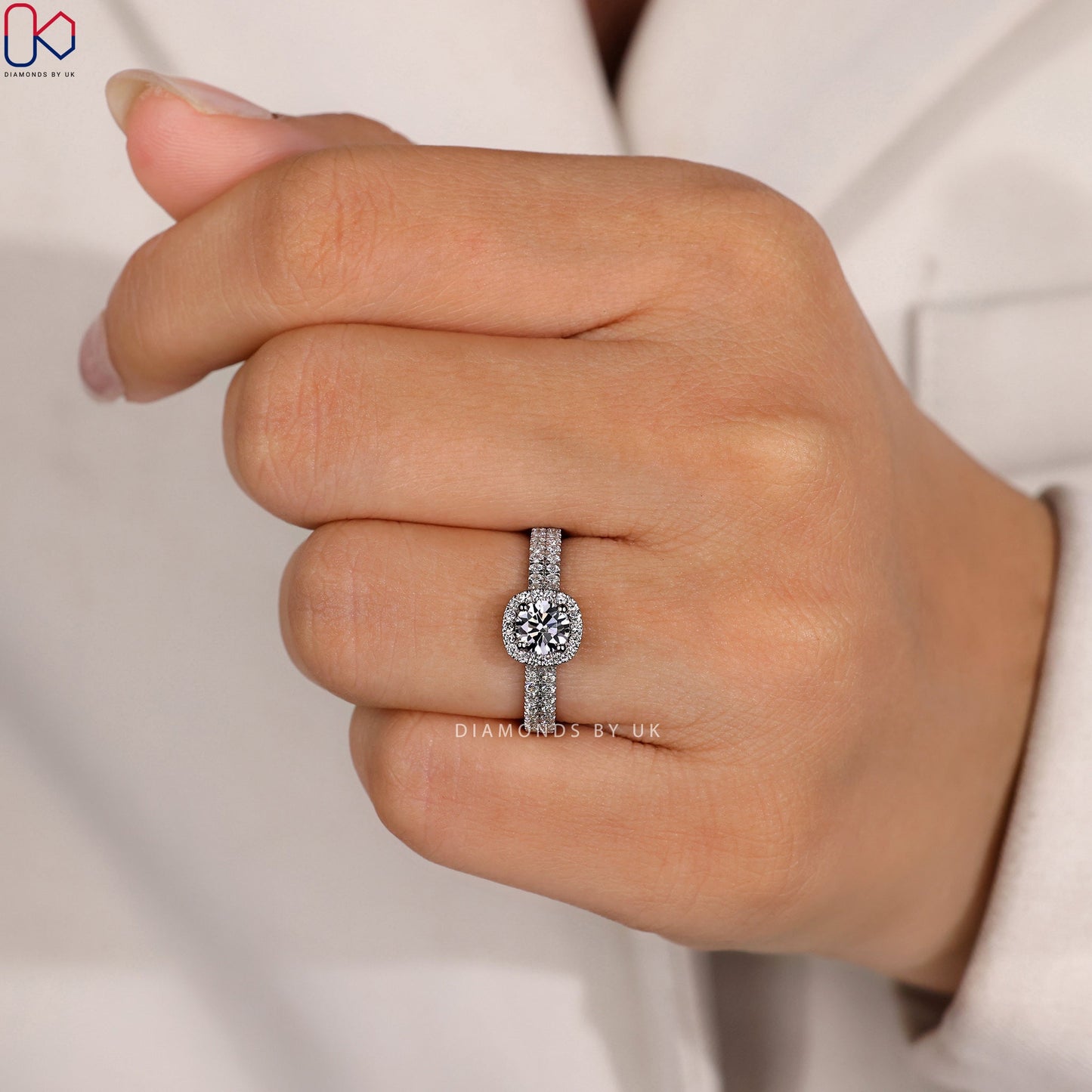 Round Diamond Double Row Pave Engagement Ring