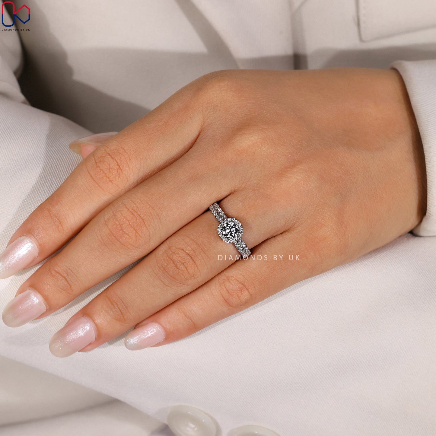 Round Diamond Double Row Pave Engagement Ring