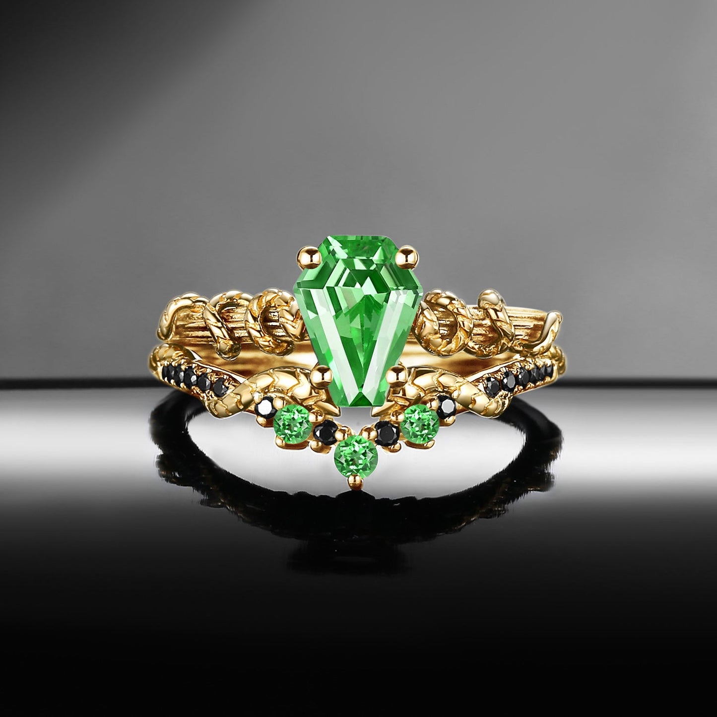 Serpent's Embrace - Gothic Coffin Lab Tsavorite Two-Tone Engagement Ring Set with Twisted Snake Detailing