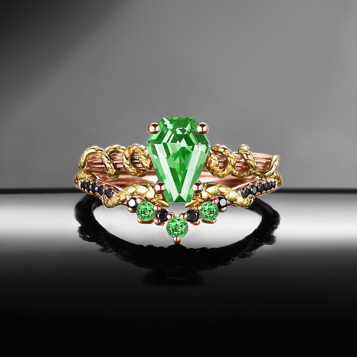 Serpent's Embrace - Gothic Coffin Lab Tsavorite Two-Tone Engagement Ring Set with Twisted Snake Detailing