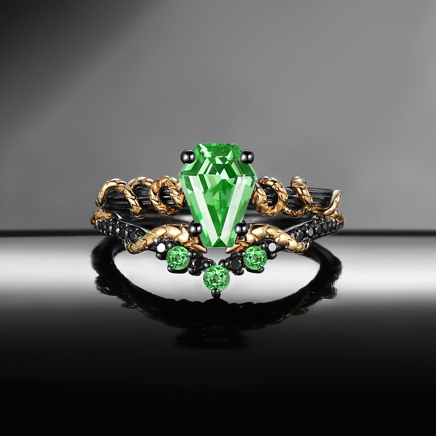 Serpent's Embrace - Gothic Coffin Lab Tsavorite Two-Tone Engagement Ring Set with Twisted Snake Detailing