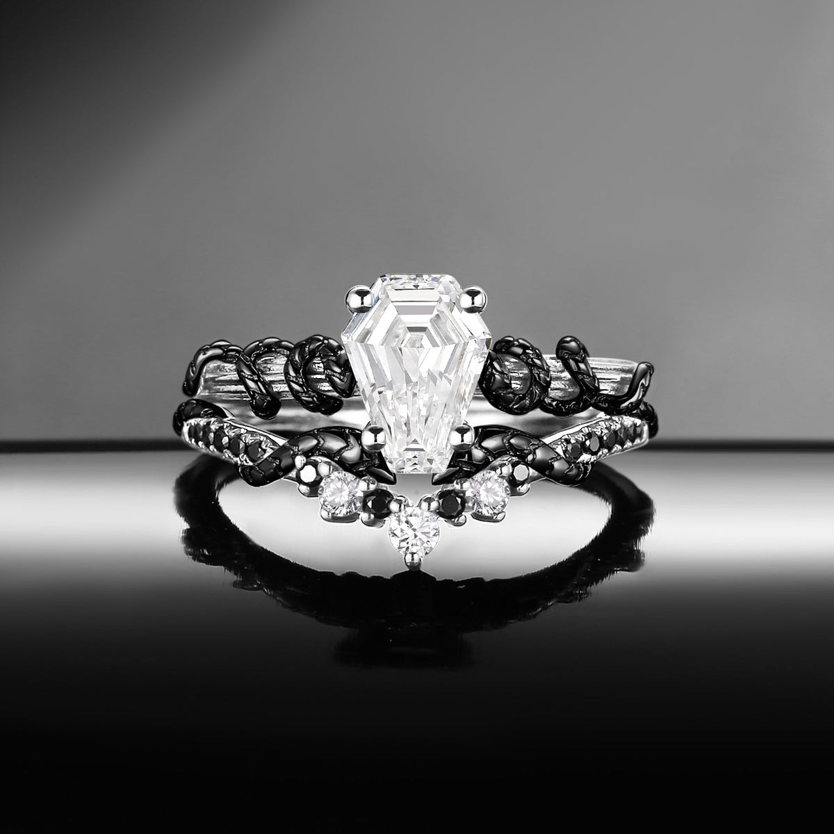 Serpent's Embrace - Gothic Coffin Lab Diamond Two-Tone Engagement Ring Set with Twisted Snake Detailing