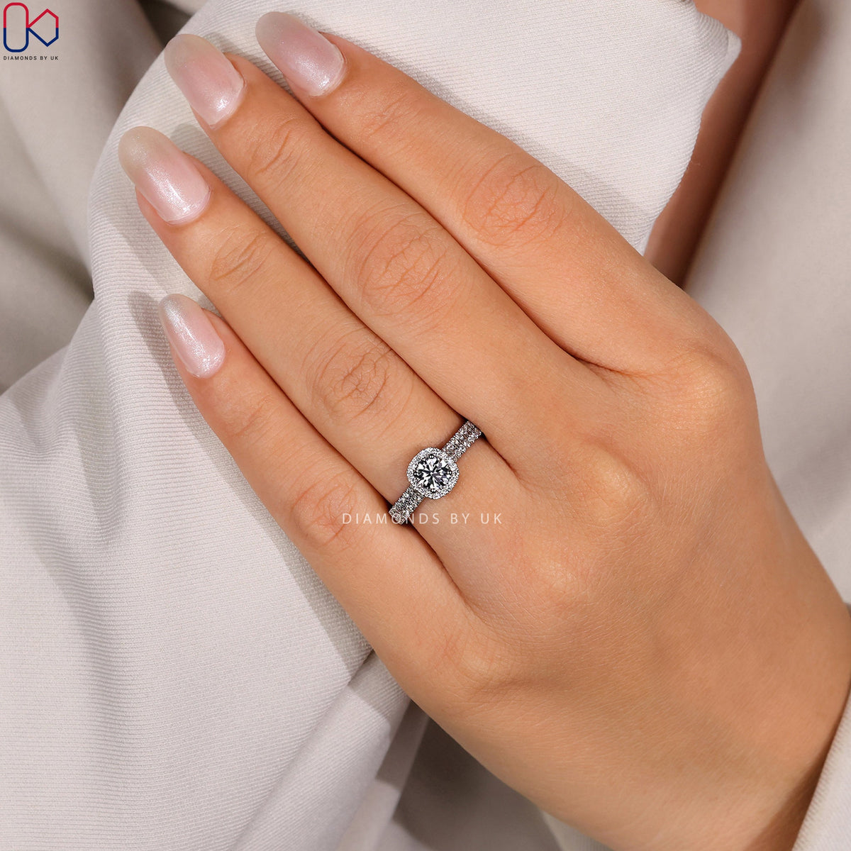 Round Diamond Double Row Pave Engagement Ring