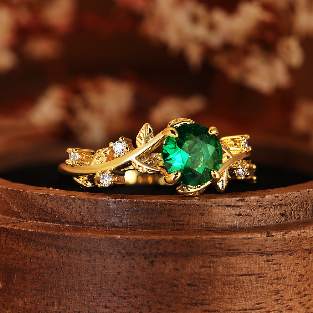 Nature Inspired Tree Branch 0.9CT Round Cut Lab Emerald Vine Leaf Engagement Ring