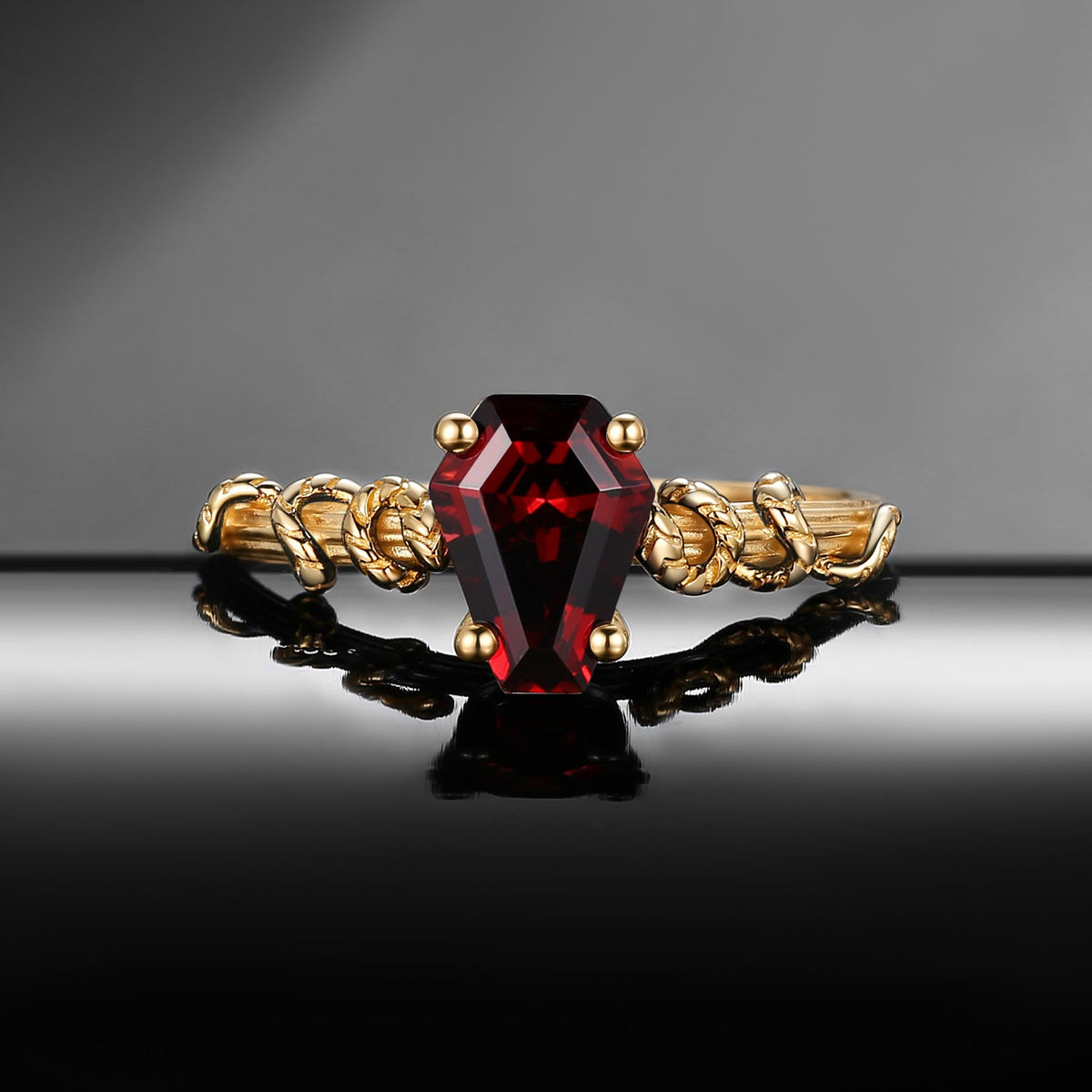 Serpent's Embrace - Gothic Coffin Cut Garnet Two-Tone Engagement Ring with Twisted Snake Detailing