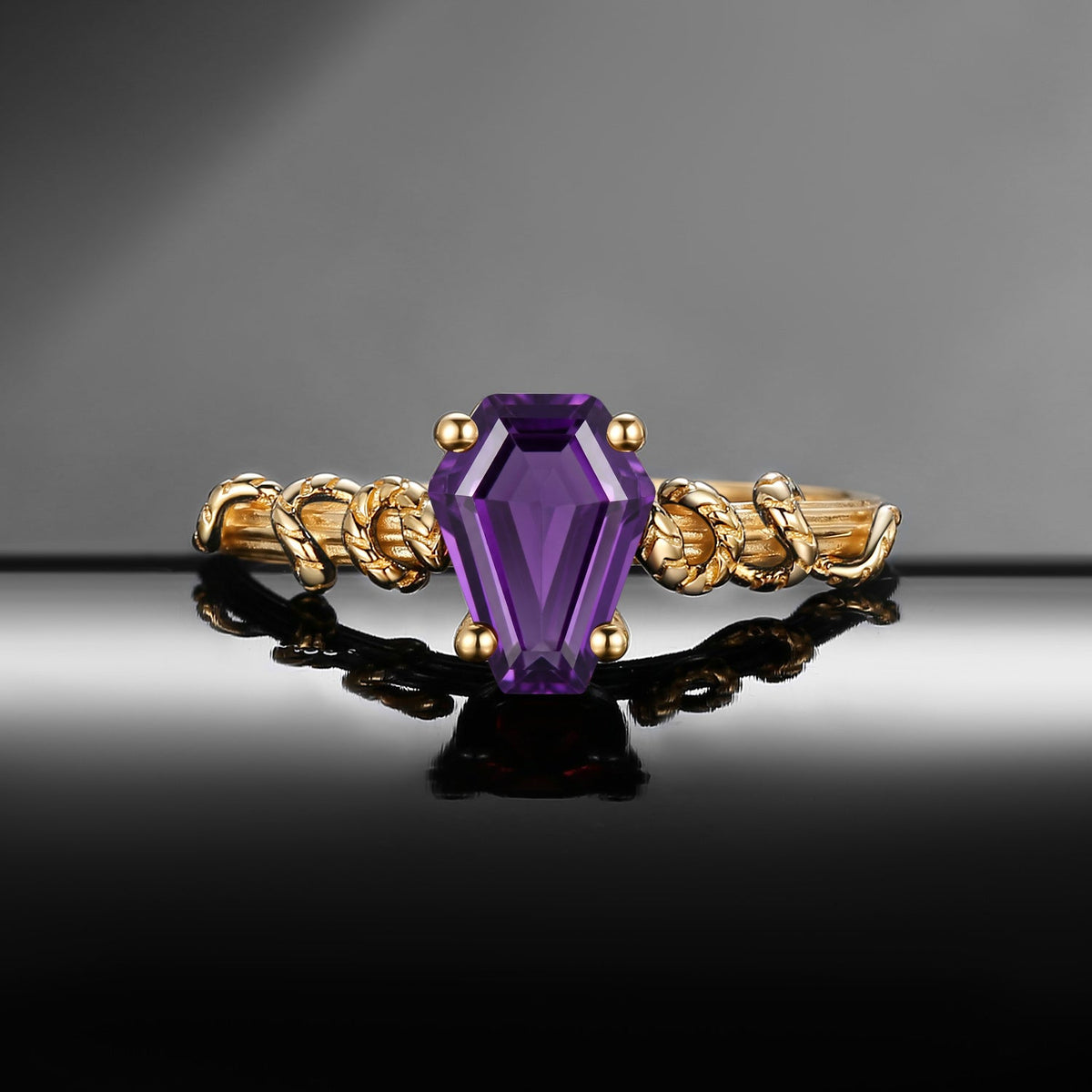 Serpent's Embrace - Gothic Coffin Cut Amethyst Two-Tone Engagement Ring with Twisted Snake Detailing