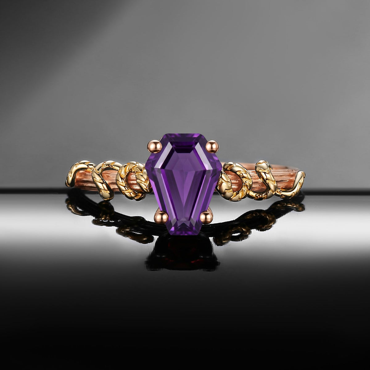 Serpent's Embrace - Gothic Coffin Cut Amethyst Two-Tone Engagement Ring with Twisted Snake Detailing