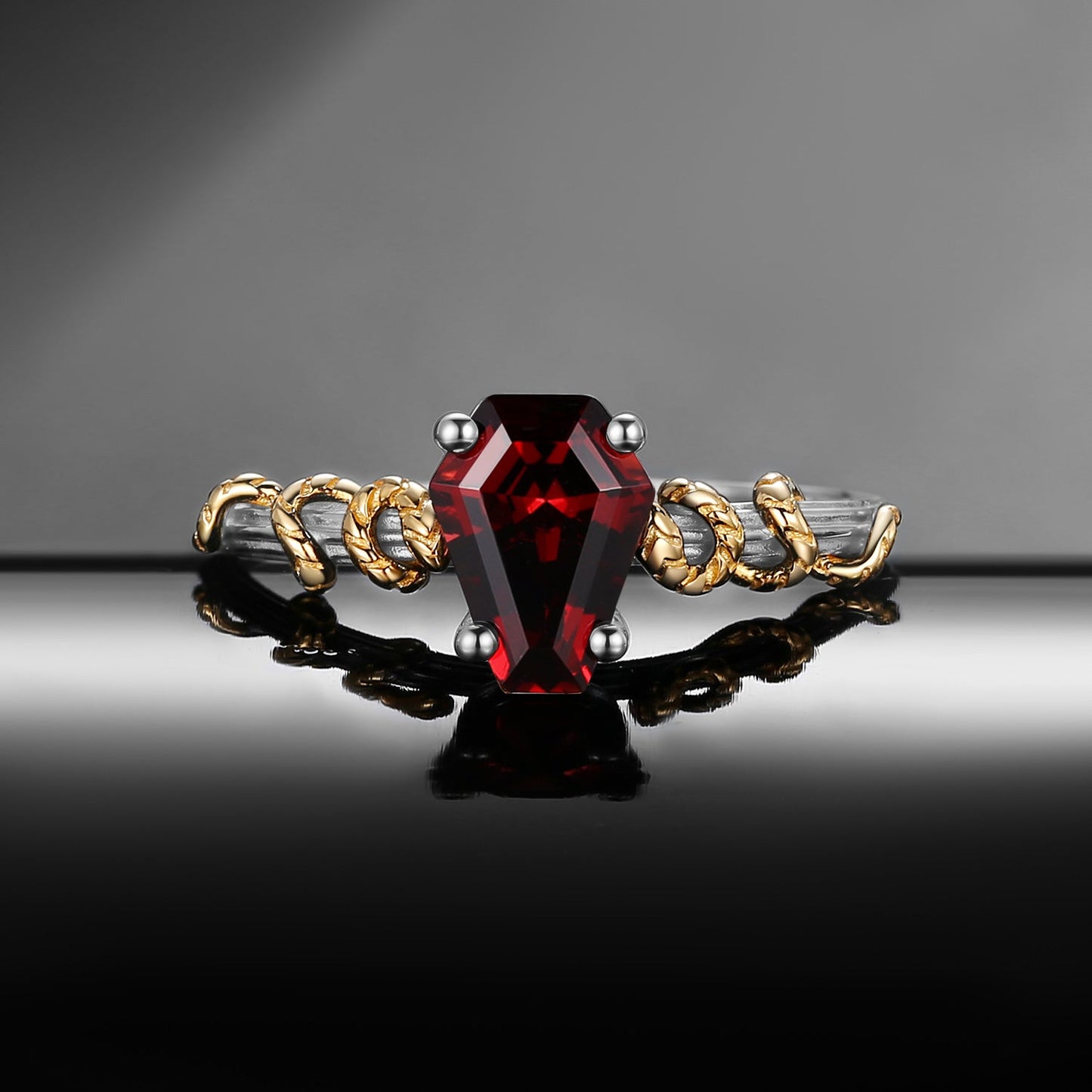 Serpent's Embrace - Gothic Coffin Cut Garnet Two-Tone Engagement Ring with Twisted Snake Detailing
