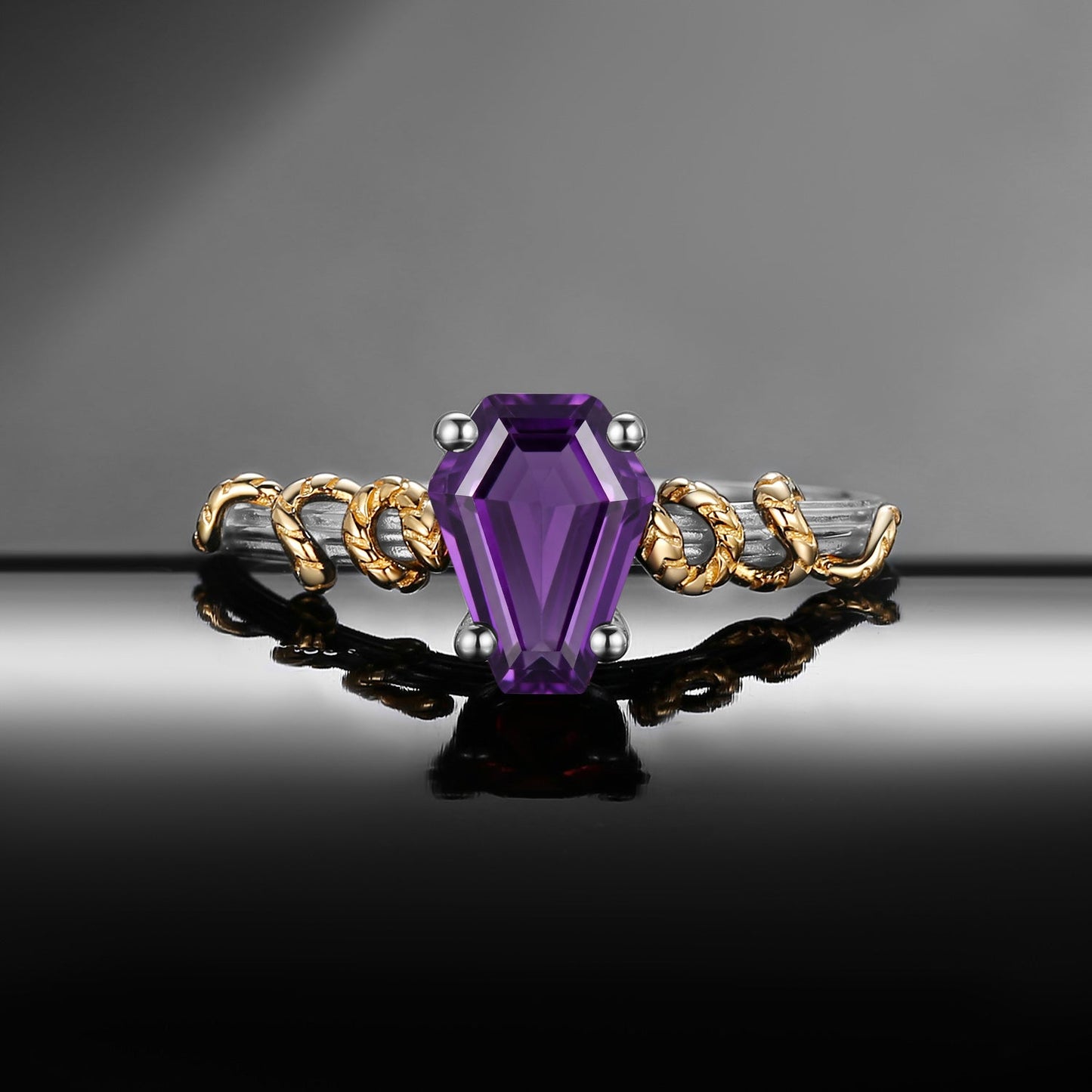 Serpent's Embrace - Gothic Coffin Cut Amethyst Two-Tone Engagement Ring with Twisted Snake Detailing