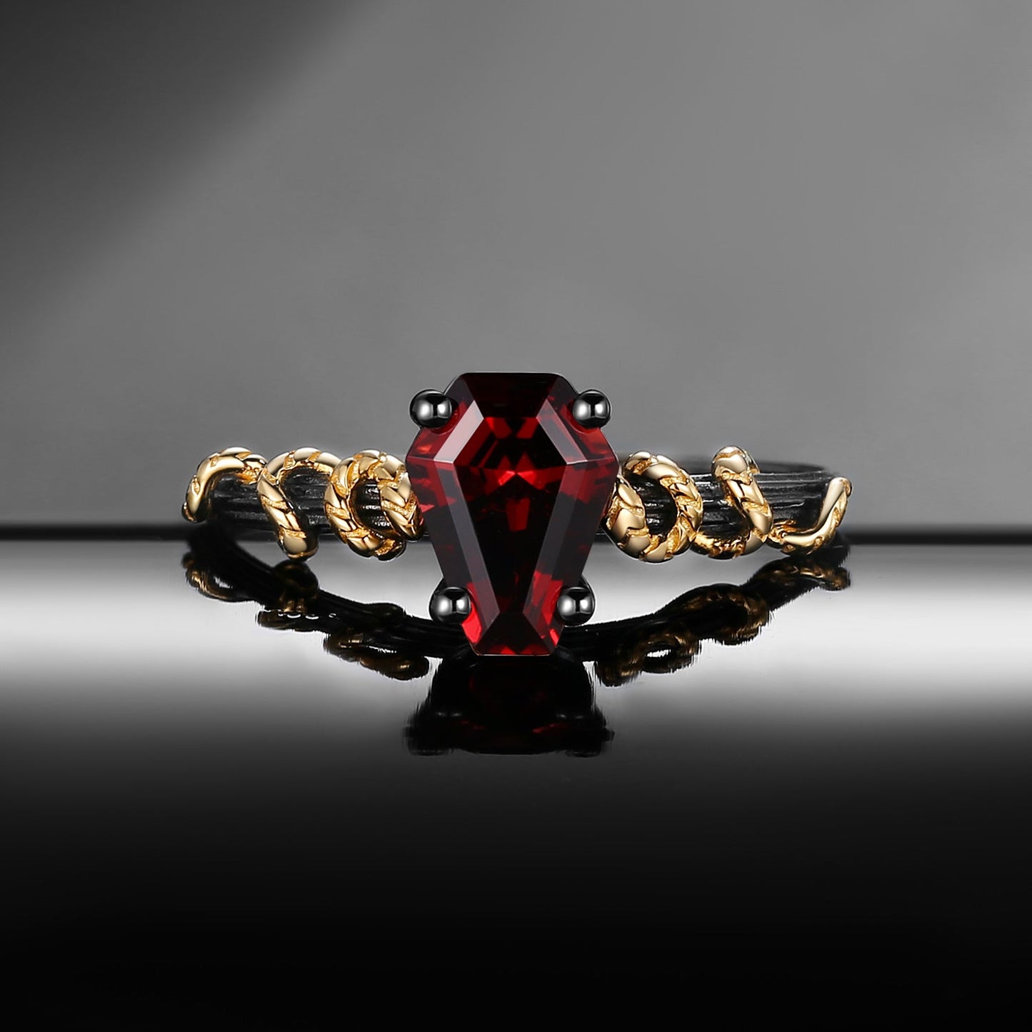 Serpent's Embrace - Gothic Coffin Cut Garnet Two-Tone Engagement Ring with Twisted Snake Detailing