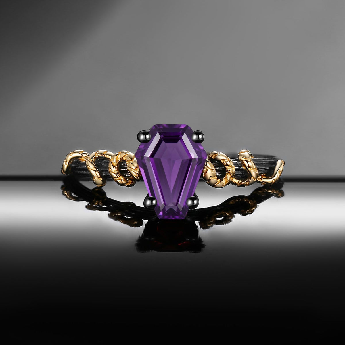 Serpent's Embrace - Gothic Coffin Cut Amethyst Two-Tone Engagement Ring with Twisted Snake Detailing