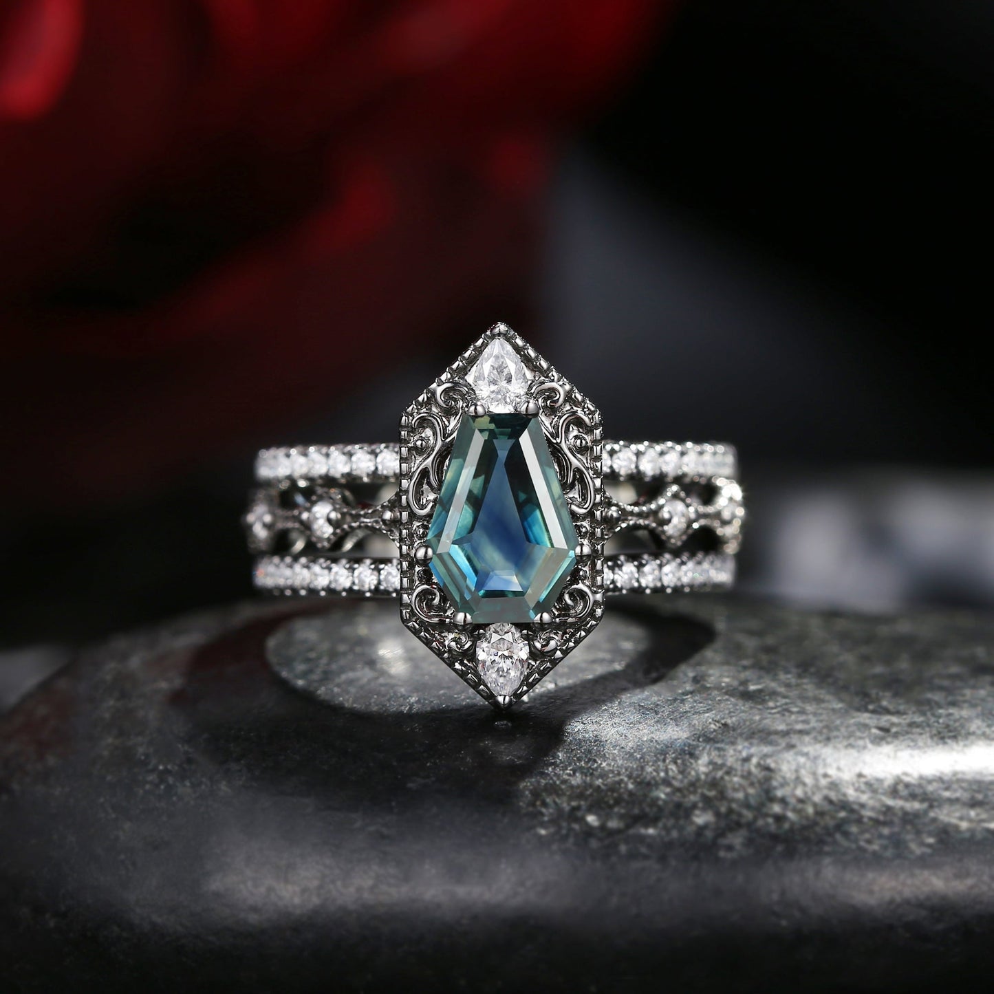 Fallen Aegis 'Vampire Shield' – Gothic Coffin Natural Teal Sapphire Engagement Ring Set with Vintage Filigree Engraving