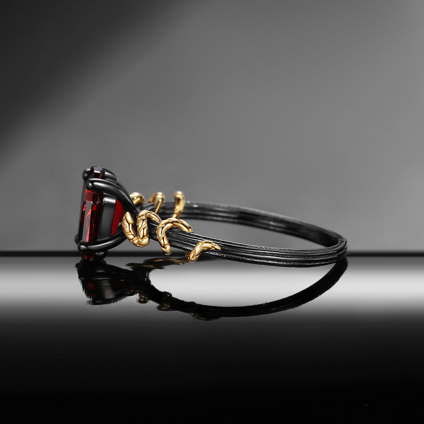 Serpent's Embrace - Gothic Coffin Cut Garnet Two-Tone Engagement Ring with Twisted Snake Detailing