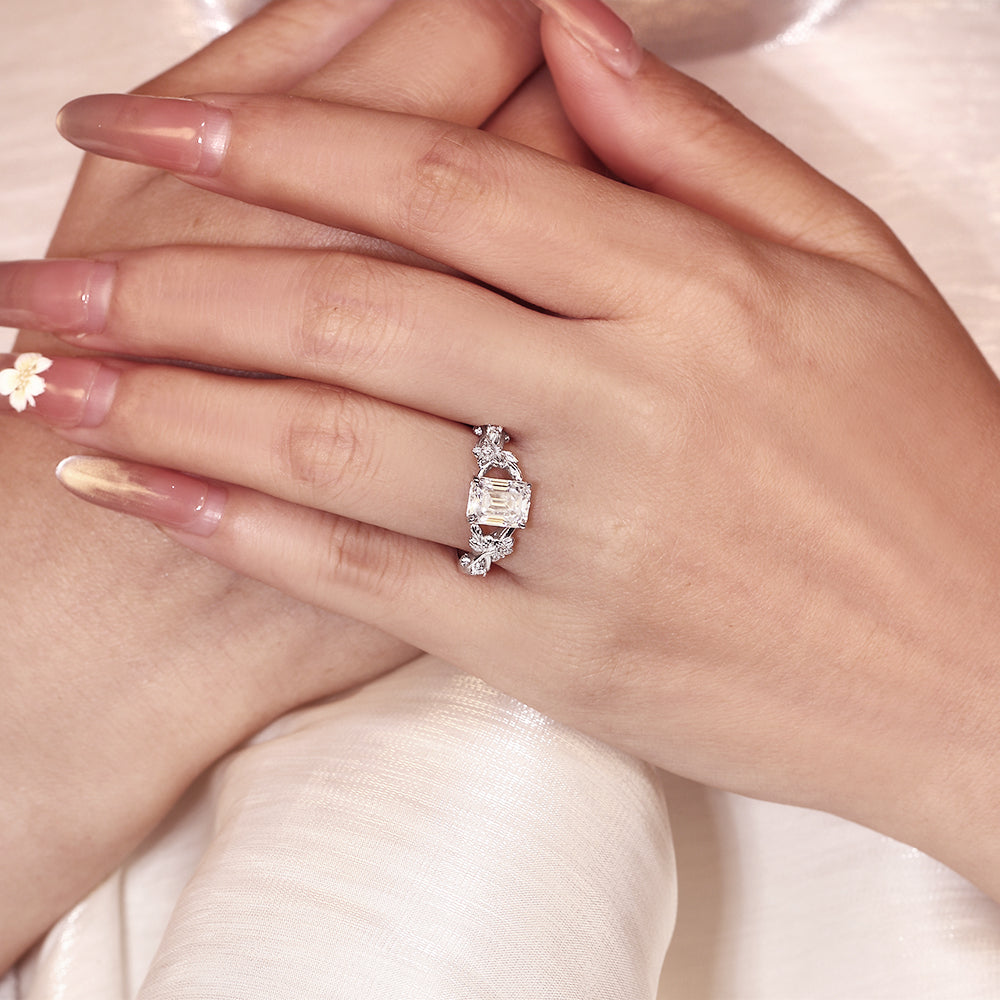 Vintage-Inspired 1.83ct Emerald Cut Moissanite Leaf Engagement Ring