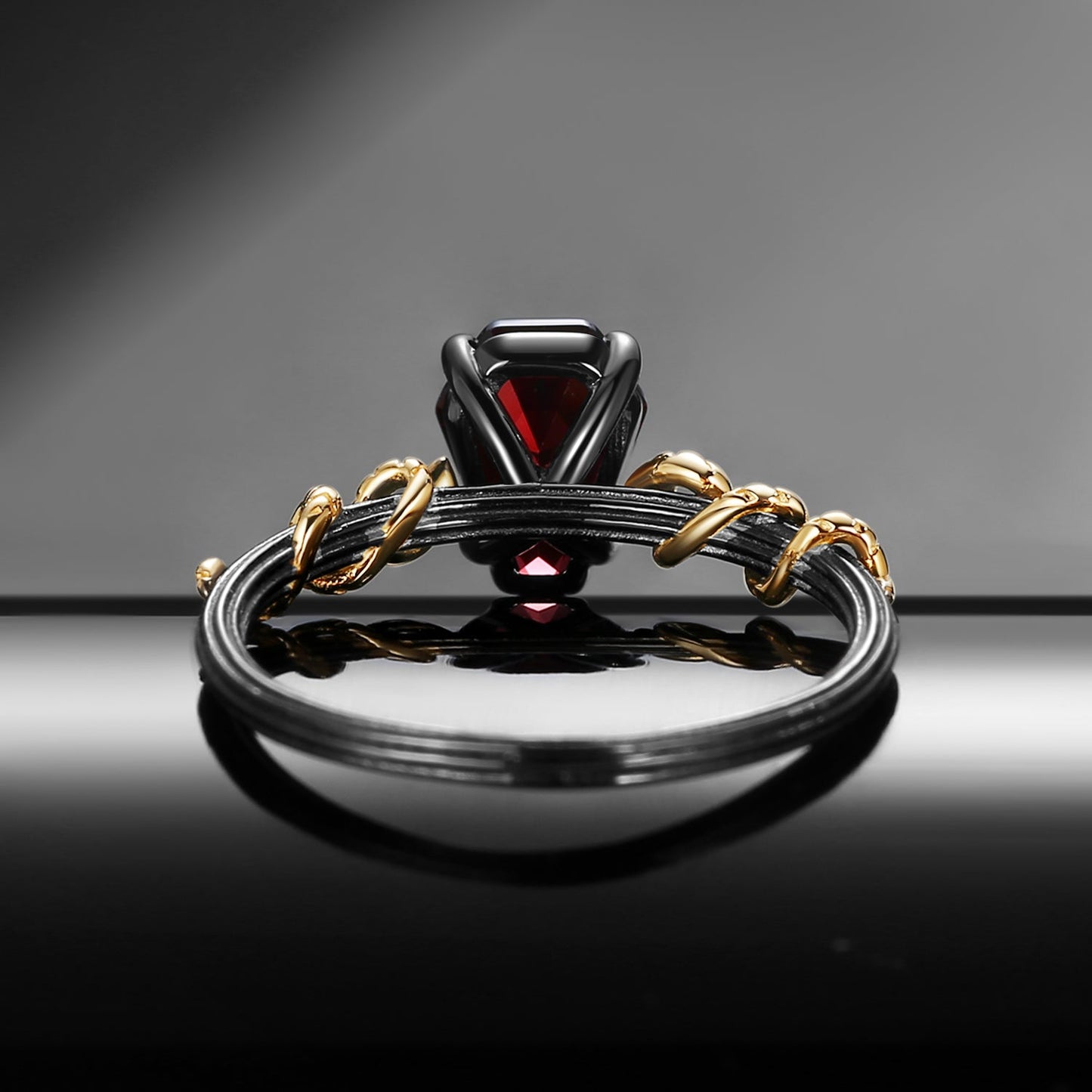 Serpent's Embrace - Gothic Coffin Cut Garnet Two-Tone Engagement Ring with Twisted Snake Detailing